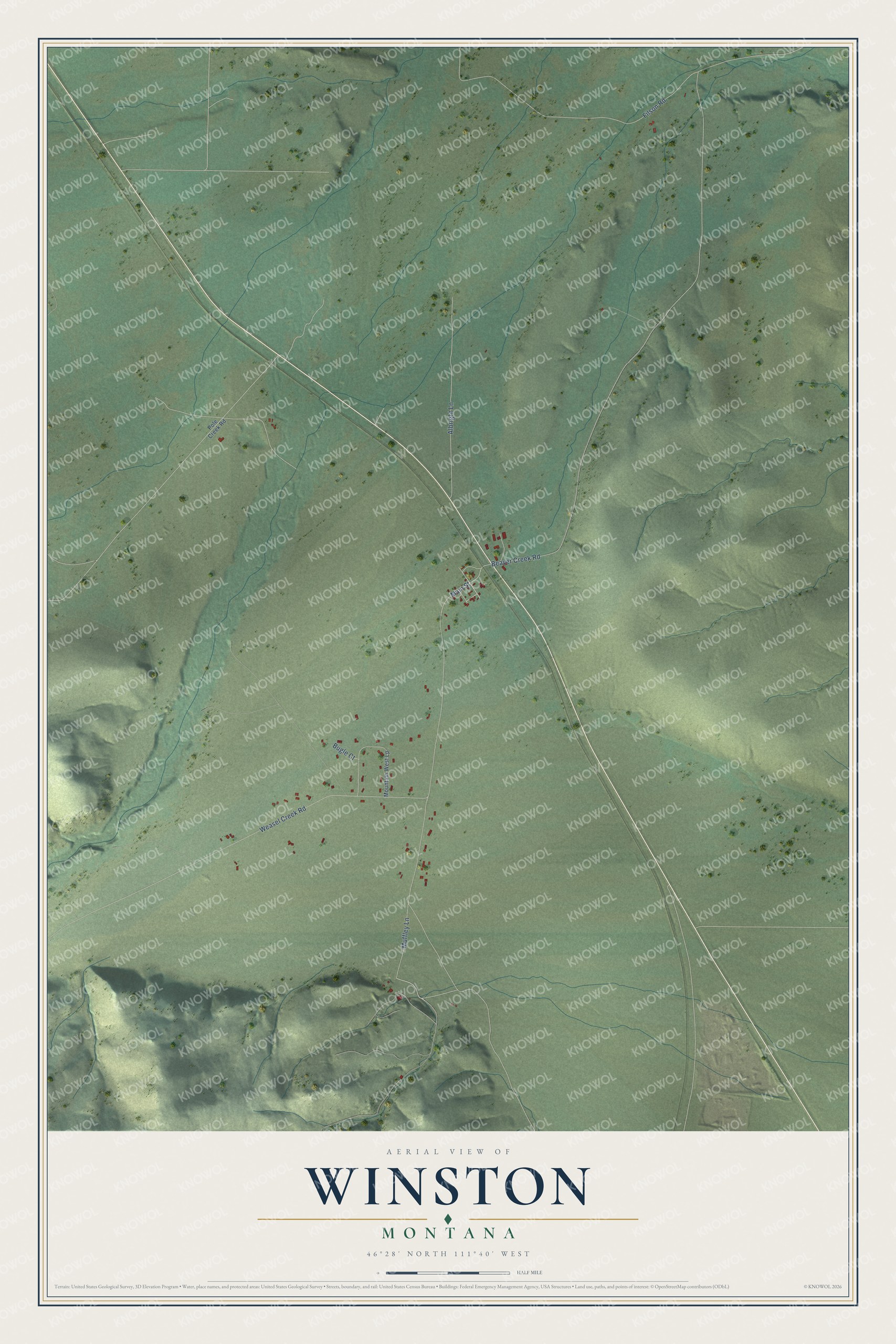Full map of Winston, Montana, with red buildings, printed street names and the land around them