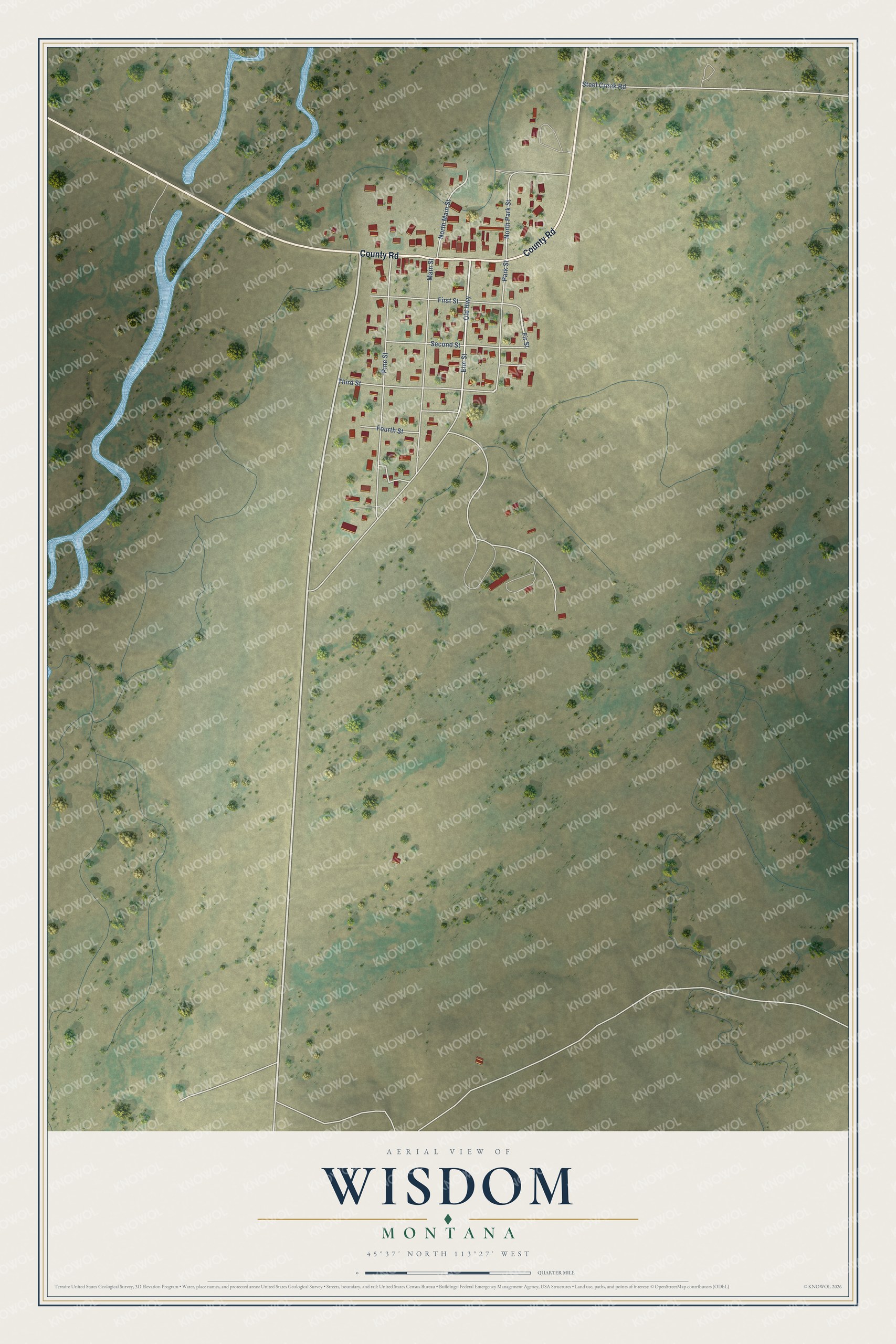 Full map of Wisdom, Montana, with red buildings, printed street names and the land around them