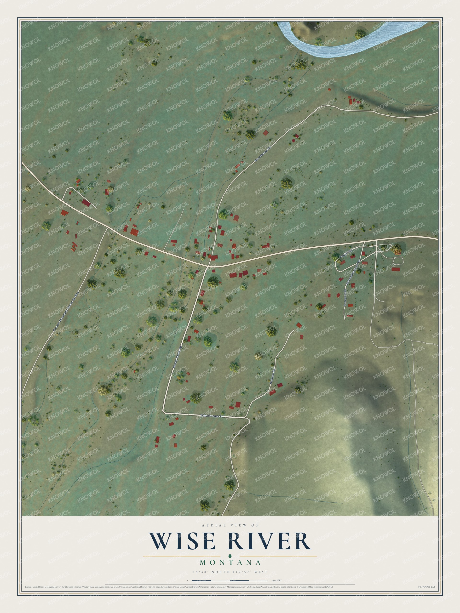Full map of Wise River, Montana, with red buildings, printed street names and the land around them