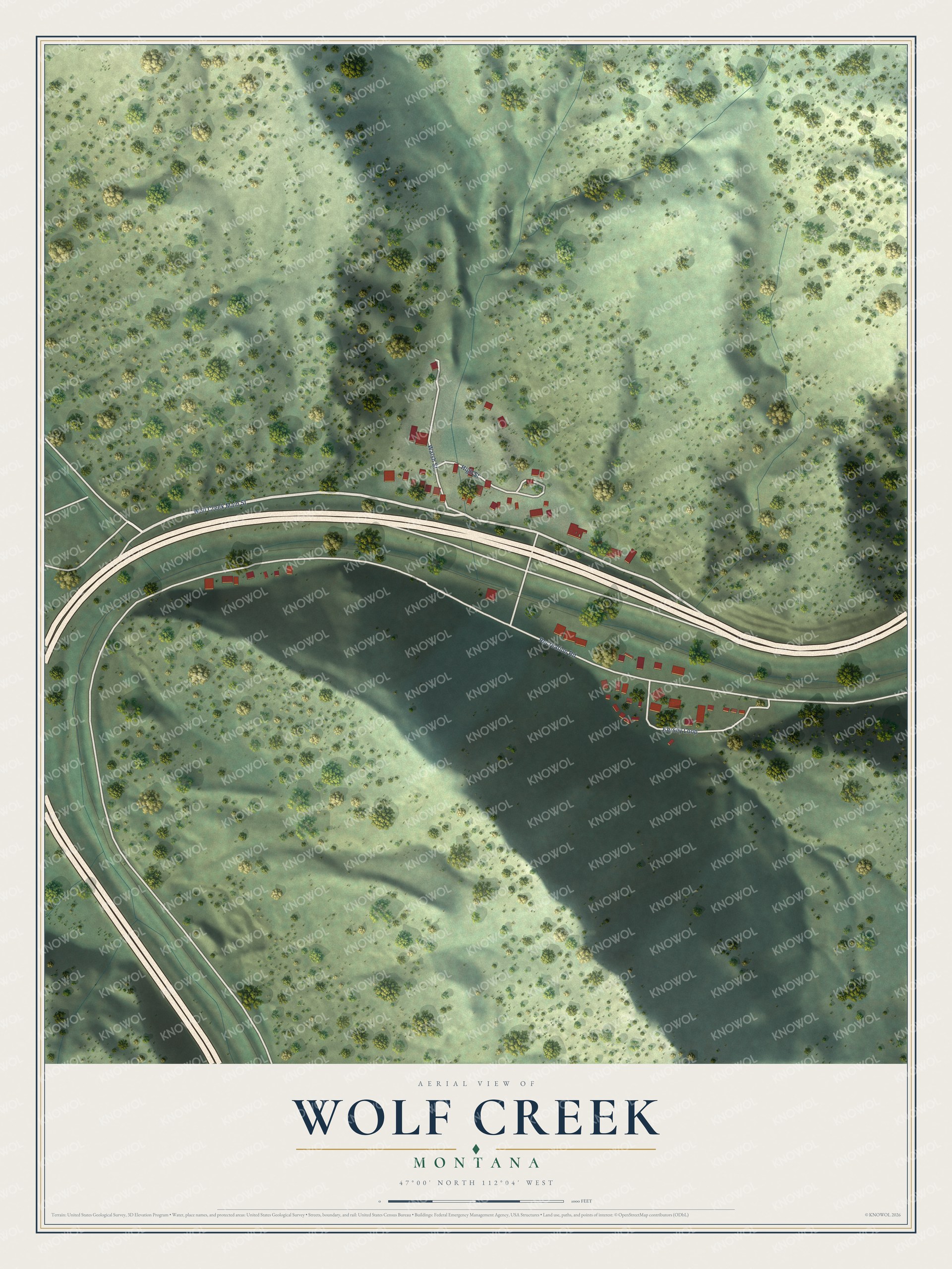 Full map of Wolf Creek, Montana, with red buildings, printed street names and the land around them