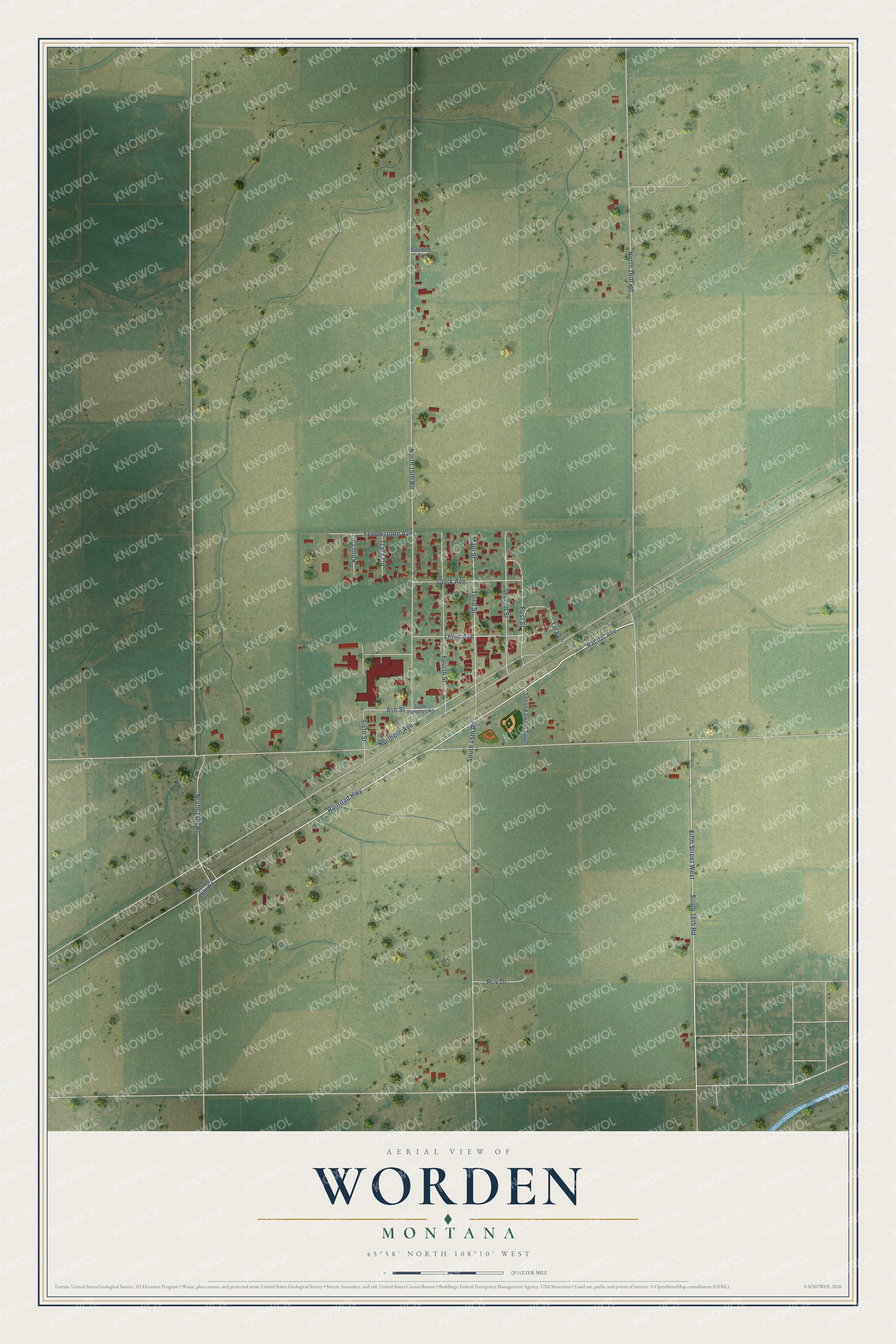 Full map of Worden, Montana, with red buildings, printed street names and the land around them