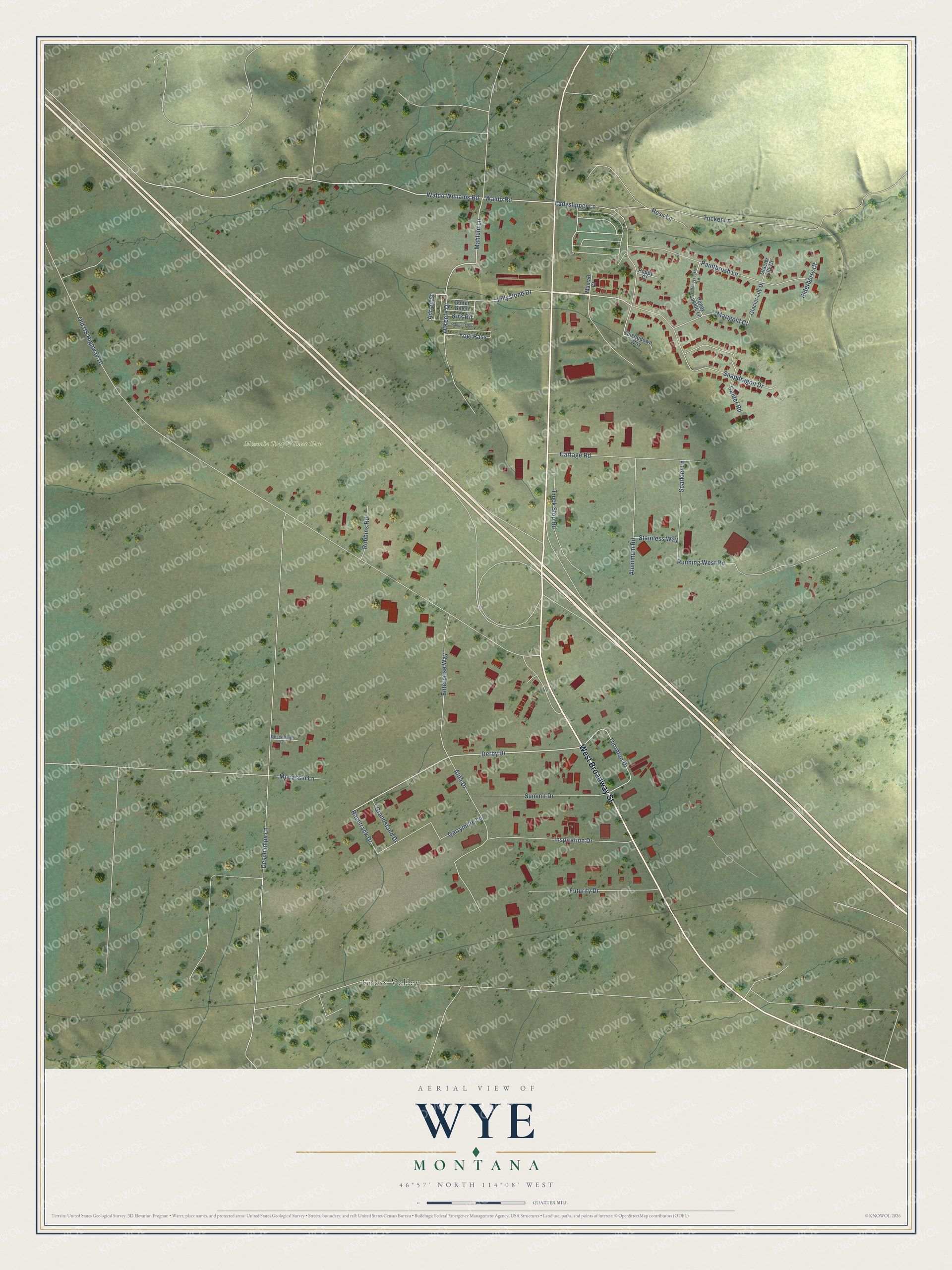 Full map of Wye, Montana, with red buildings, printed street names and the land around them