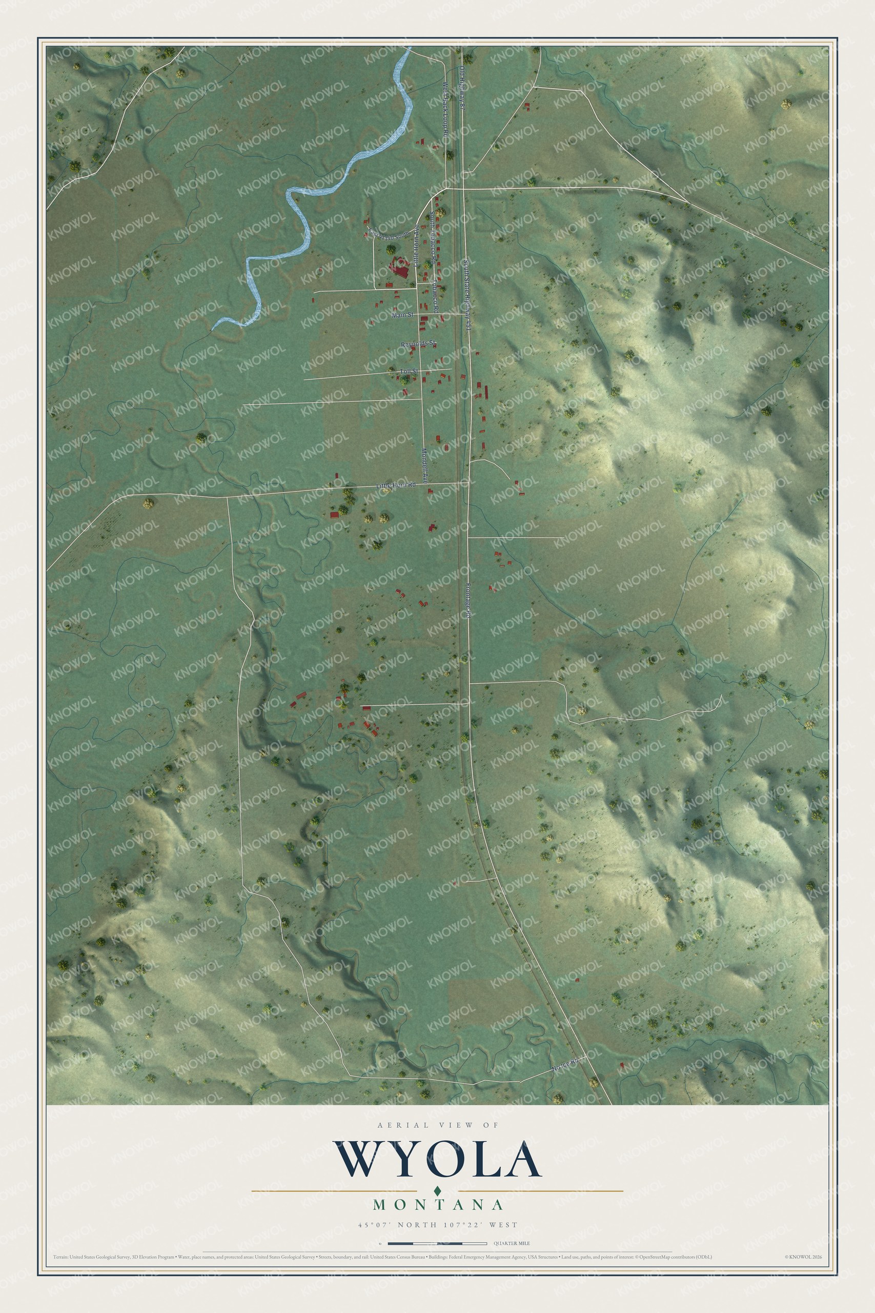 Full map of Wyola, Montana, with red buildings, printed street names and the land around them