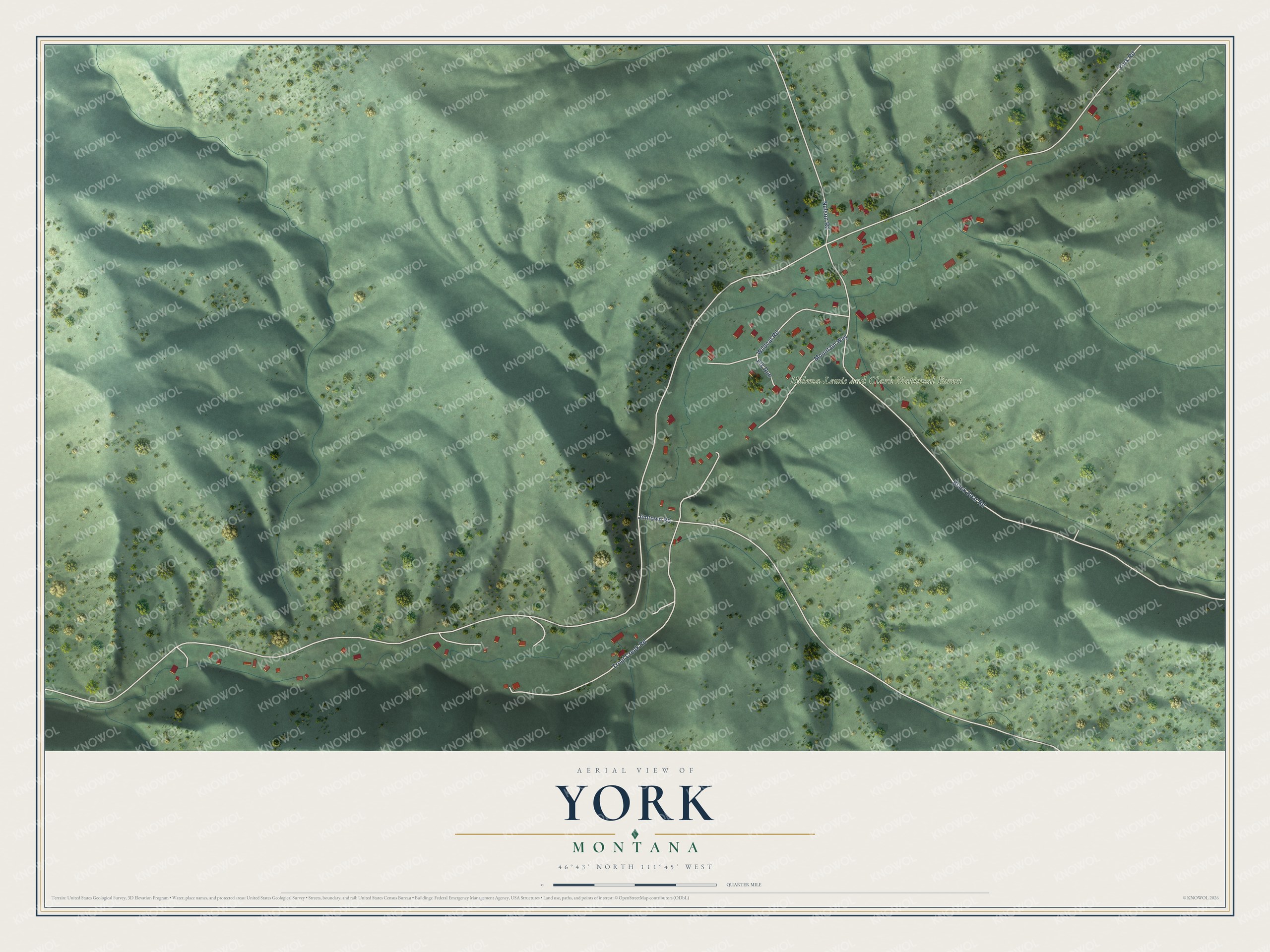 Full map of York, Montana, with red buildings, printed street names and the land around them
