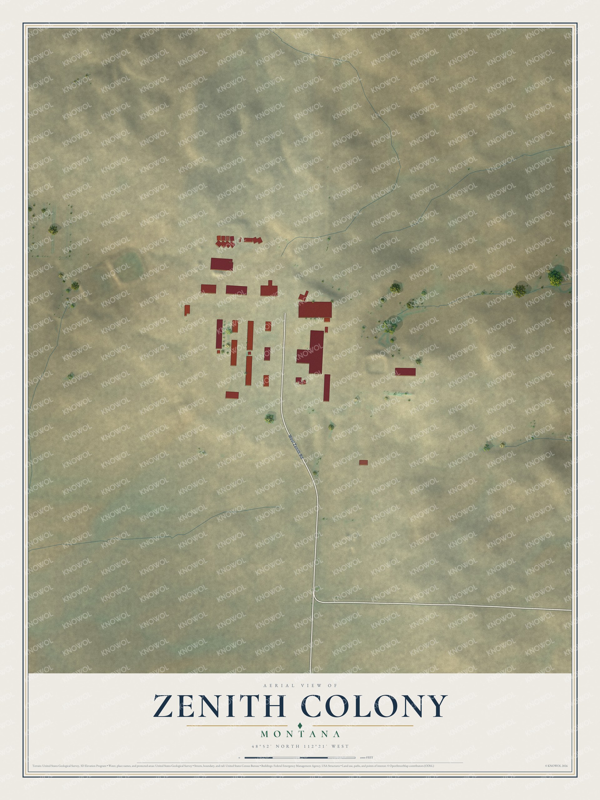 Full map of Zenith Colony, Montana, with red buildings, printed street names and the land around them