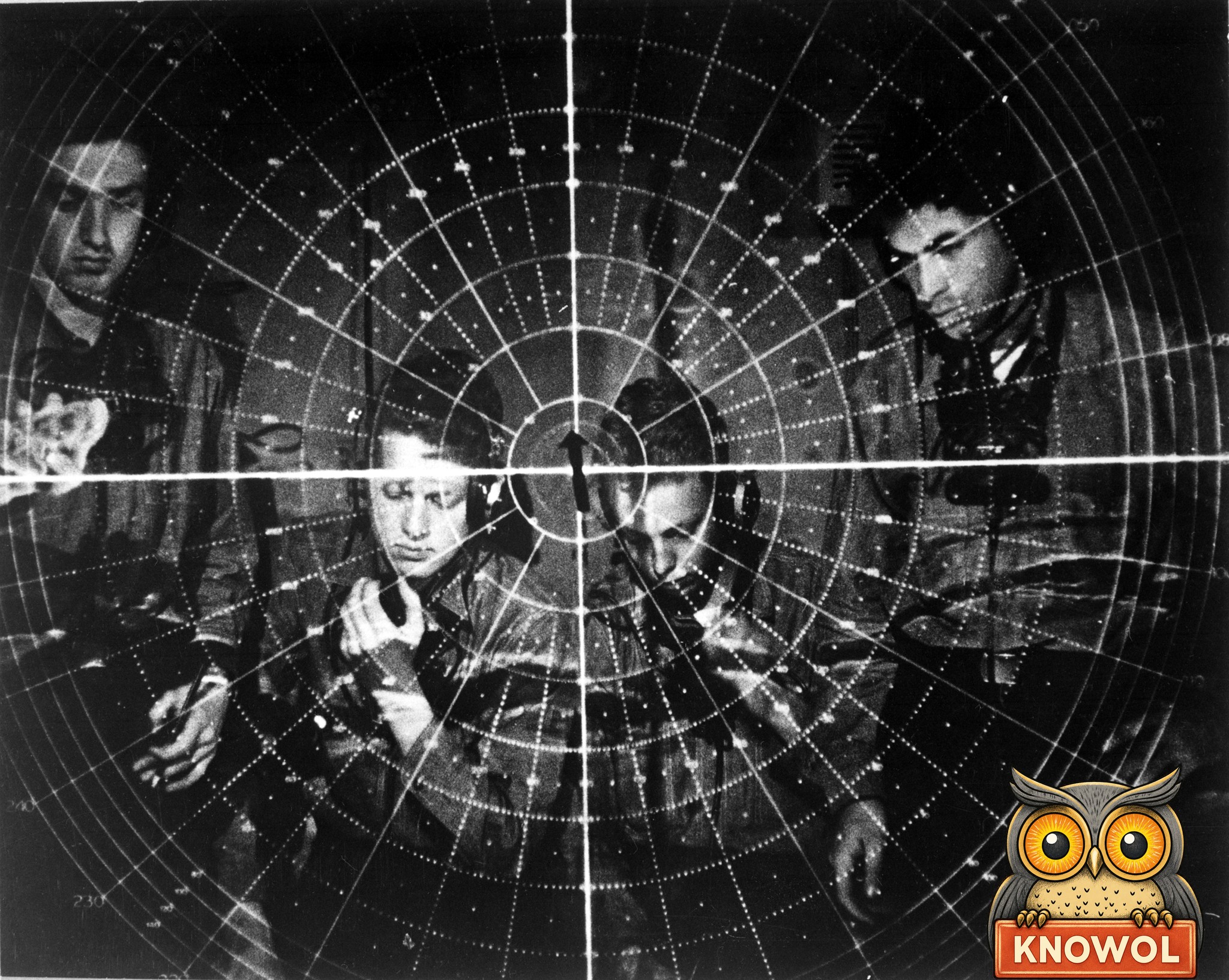 The rings and spokes of a round radar screen laid over four Navy men in headsets, two of them holding telephone handsets