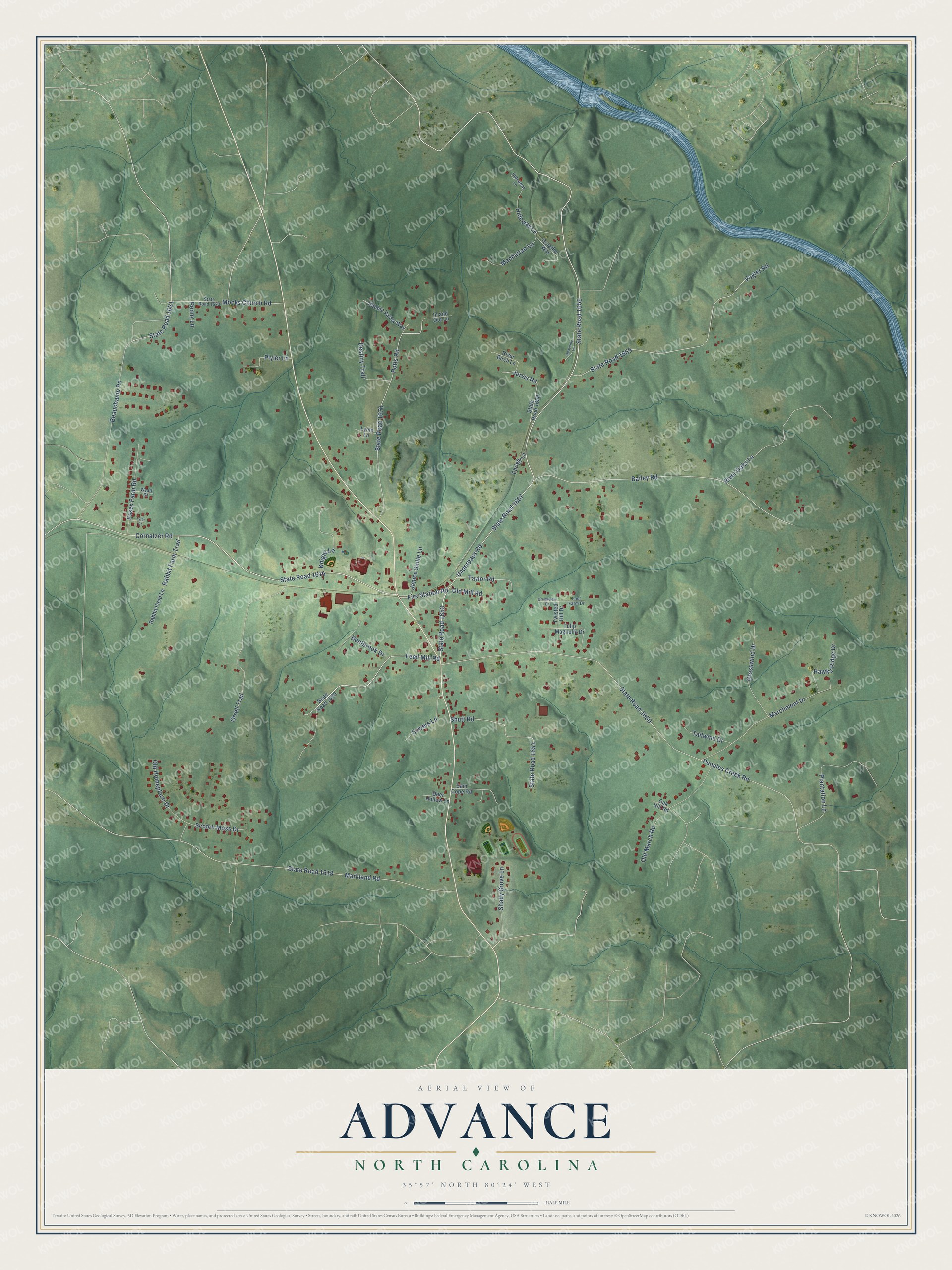Full map of Advance, North Carolina, with red buildings, printed street names and the land around them