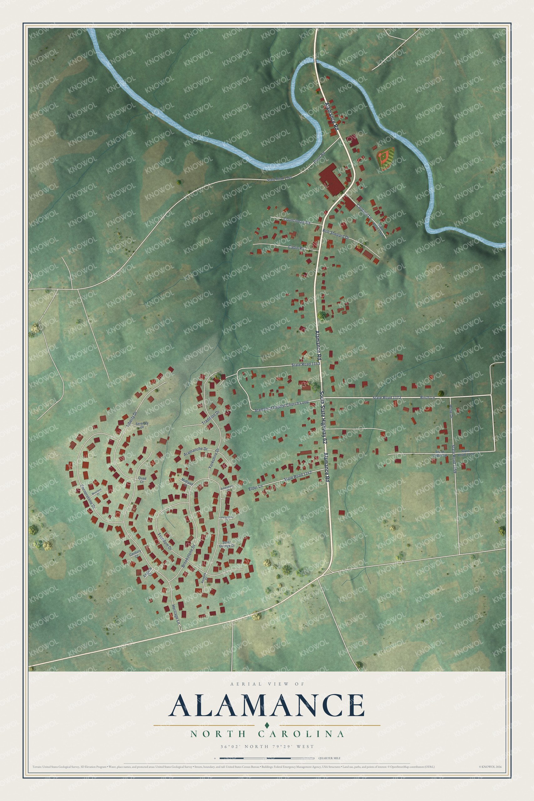 Full map of Alamance, North Carolina, with red buildings, printed street names and the land around them