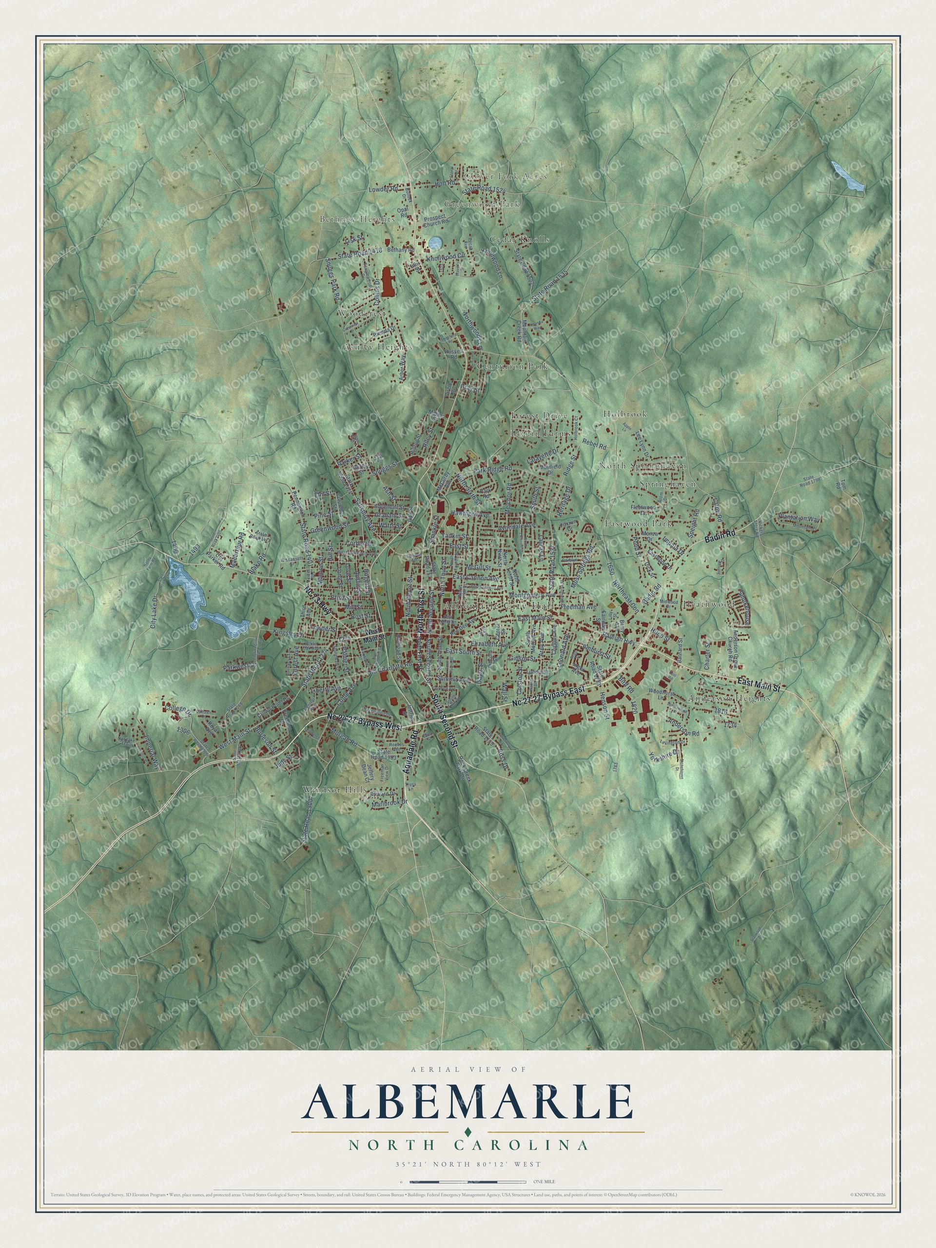 Full map of Albemarle, North Carolina, with red buildings, printed street names and the land around them