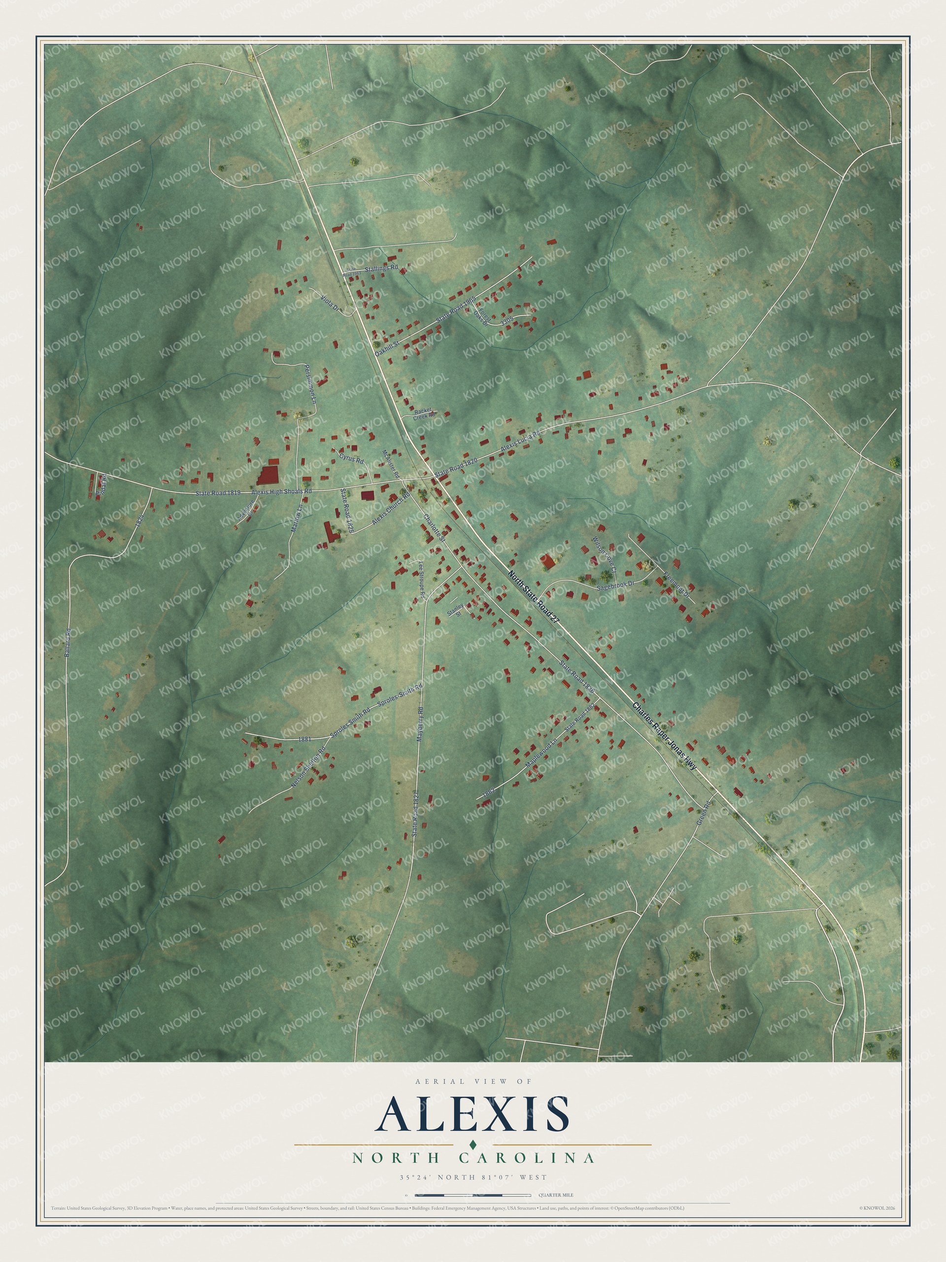 Full map of Alexis, North Carolina, with red buildings, printed street names and the land around them