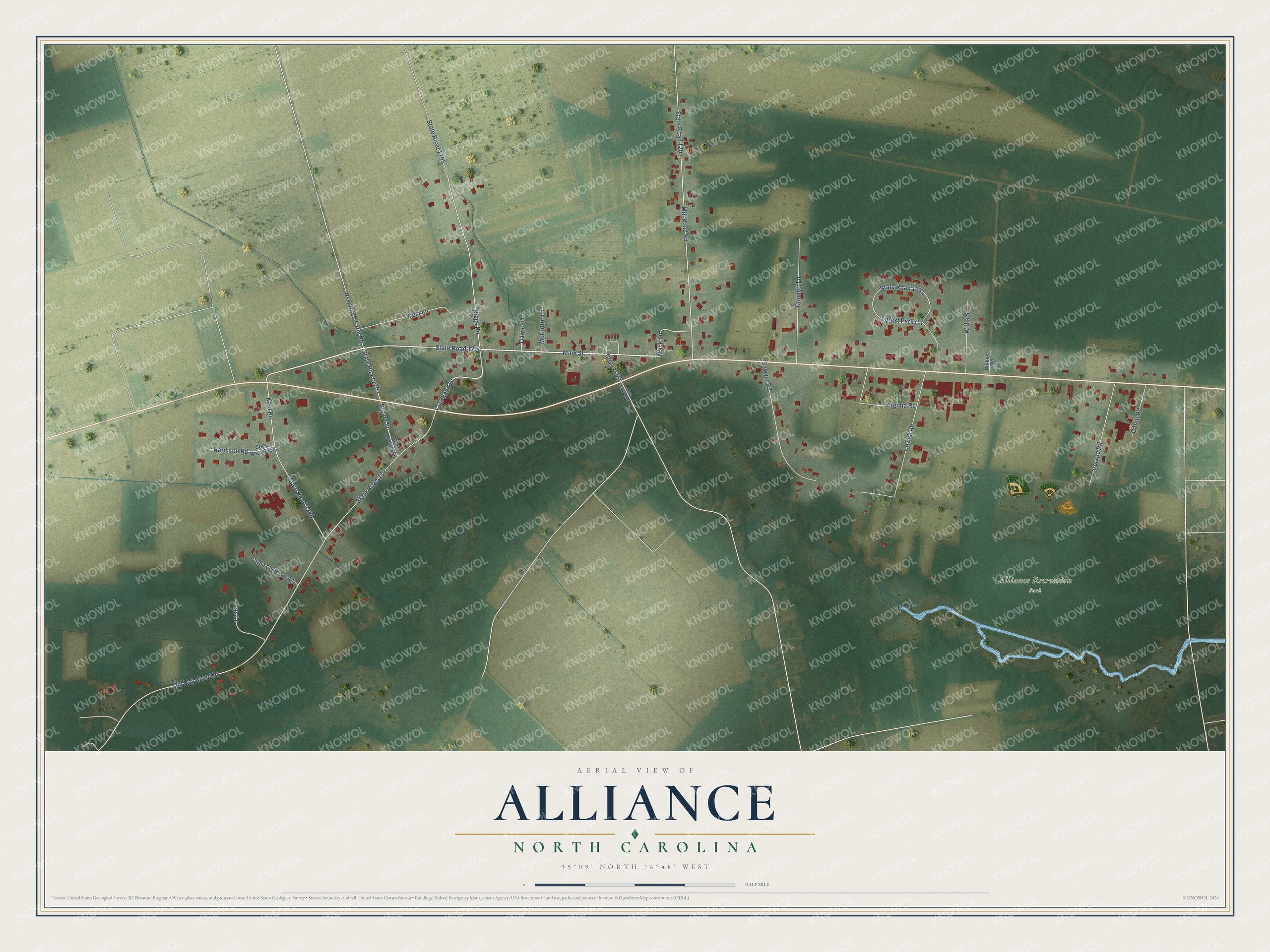 Full map of Alliance, North Carolina, with red buildings, printed street names and the land around them