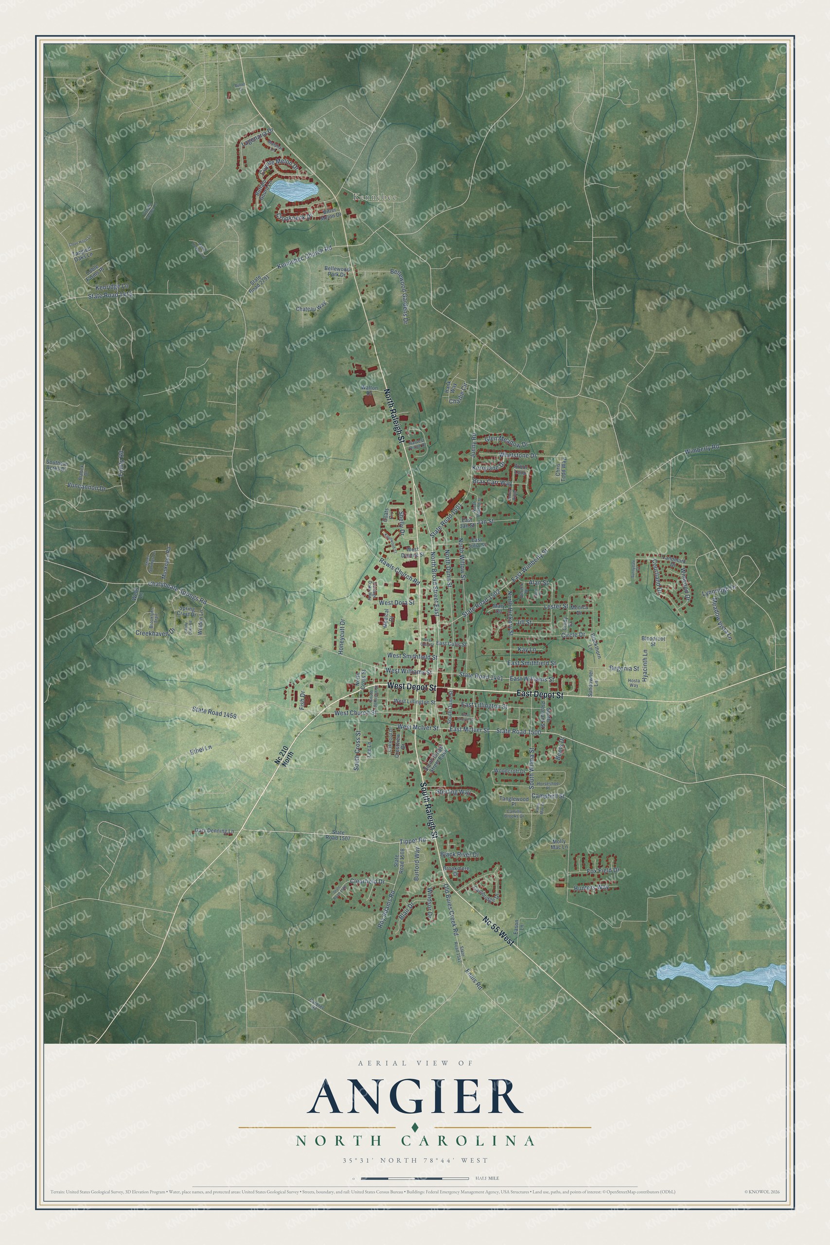 Full map of Angier, North Carolina, with red buildings, printed street names and the land around them