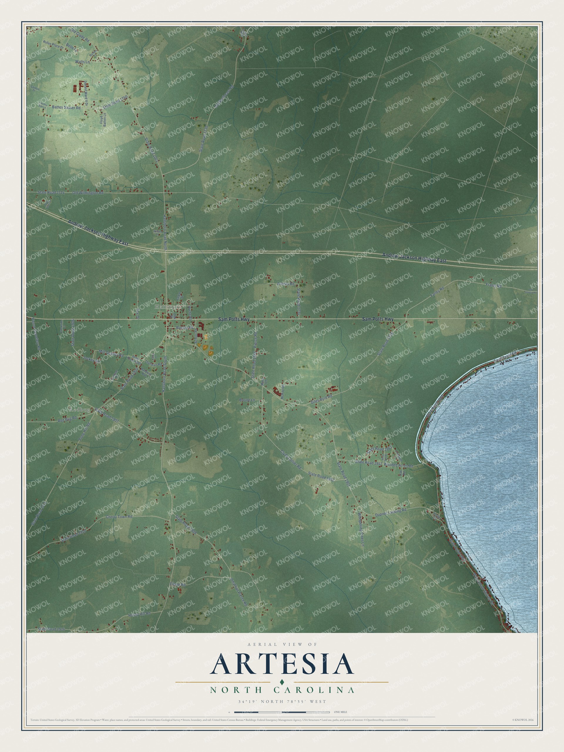 Full map of Artesia, North Carolina, with red buildings, printed street names and the land around them