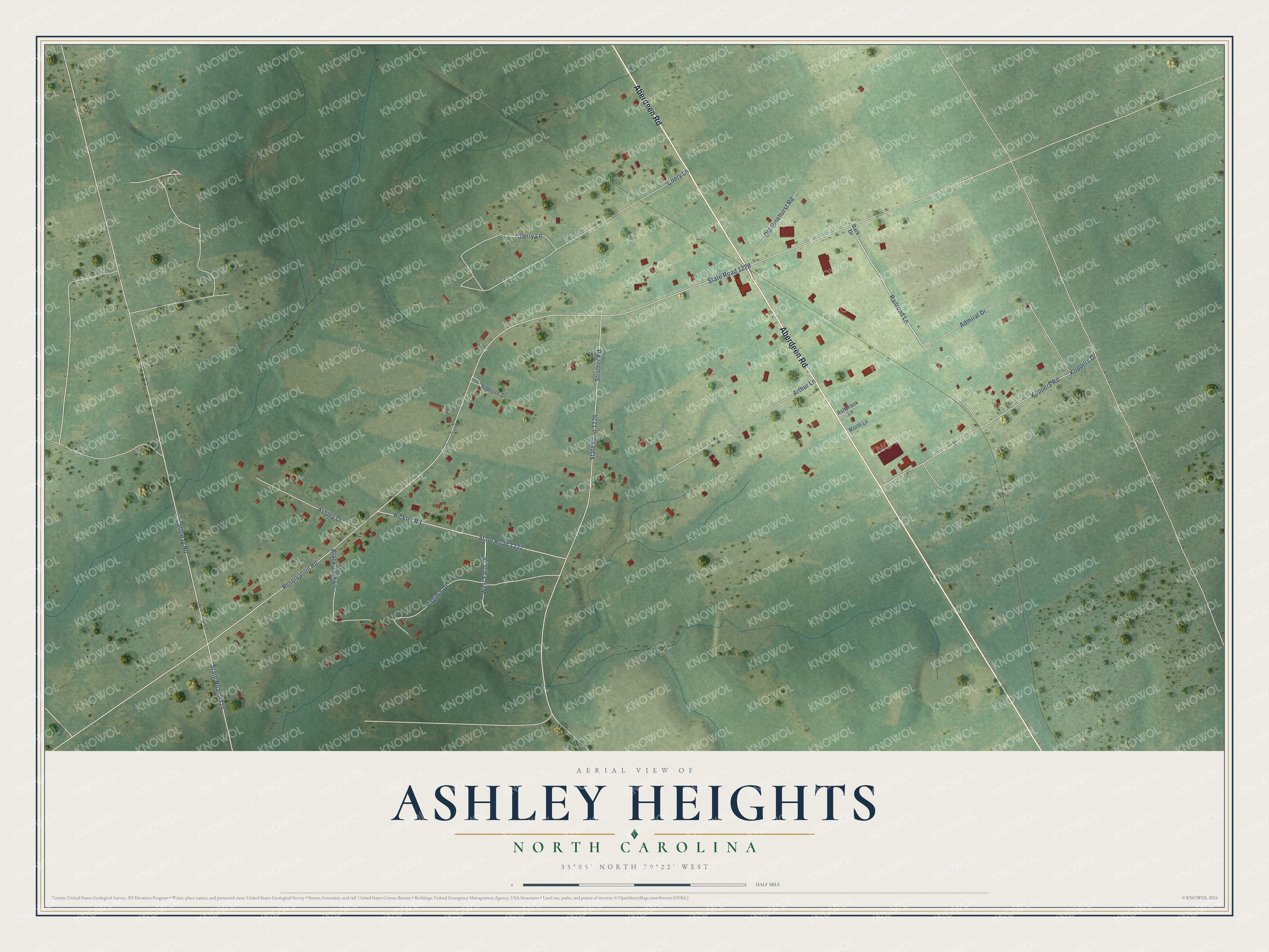 Full map of Ashley Heights, North Carolina, with red buildings, printed street names and the land around them