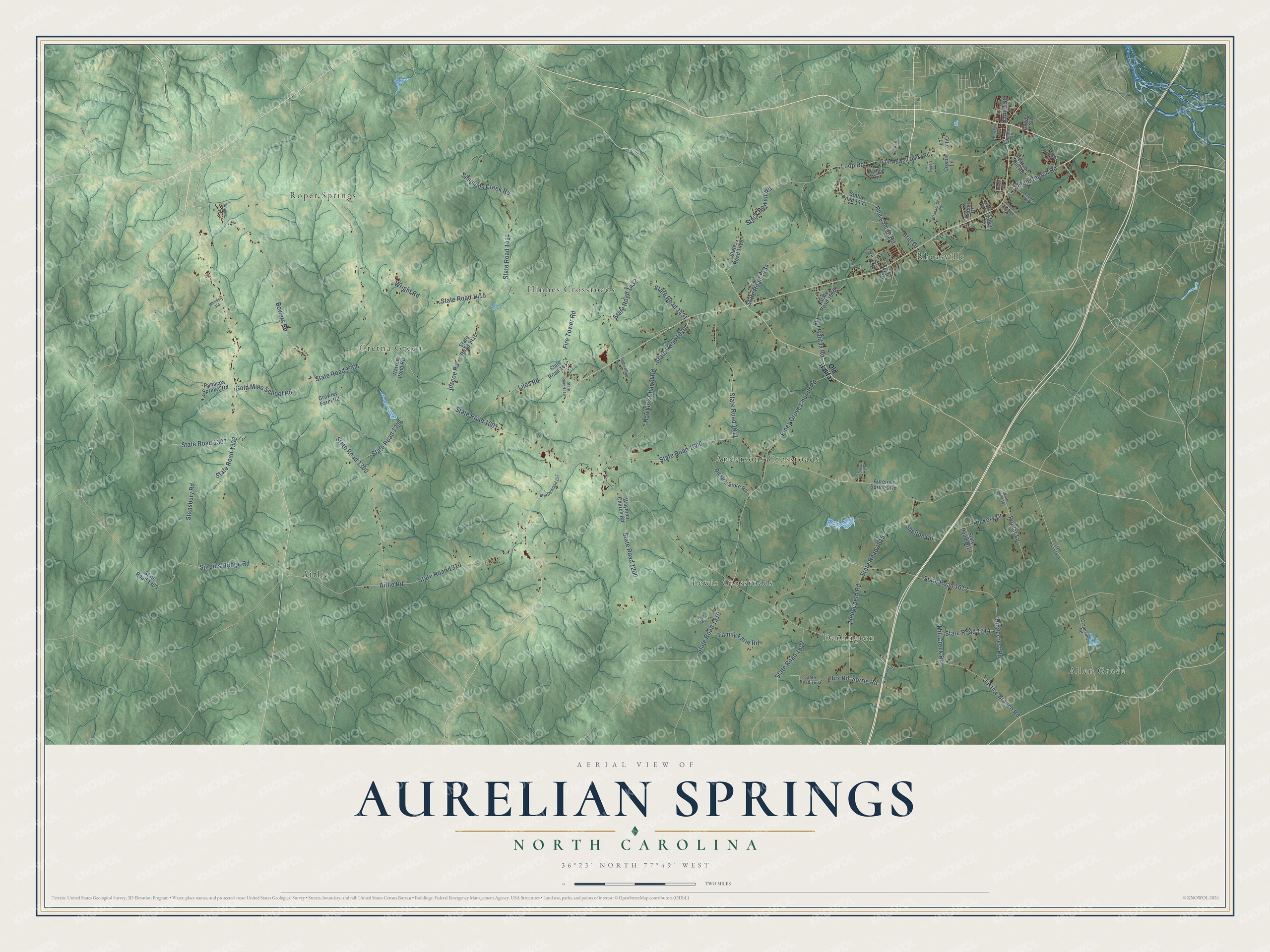 Full map of Aurelian Springs, North Carolina, with red buildings, printed street names and the land around them