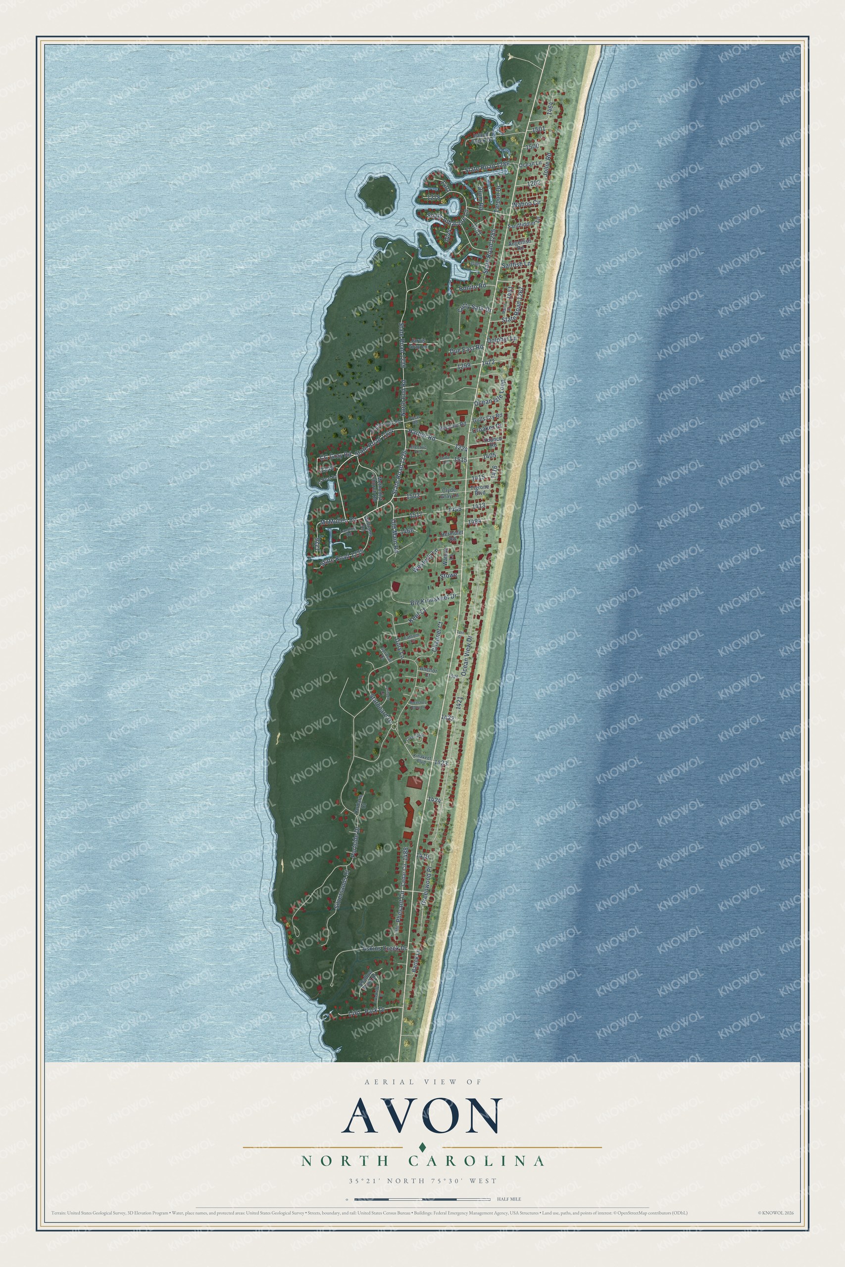 Full map of Avon, North Carolina, with red buildings, printed street names and the land around them