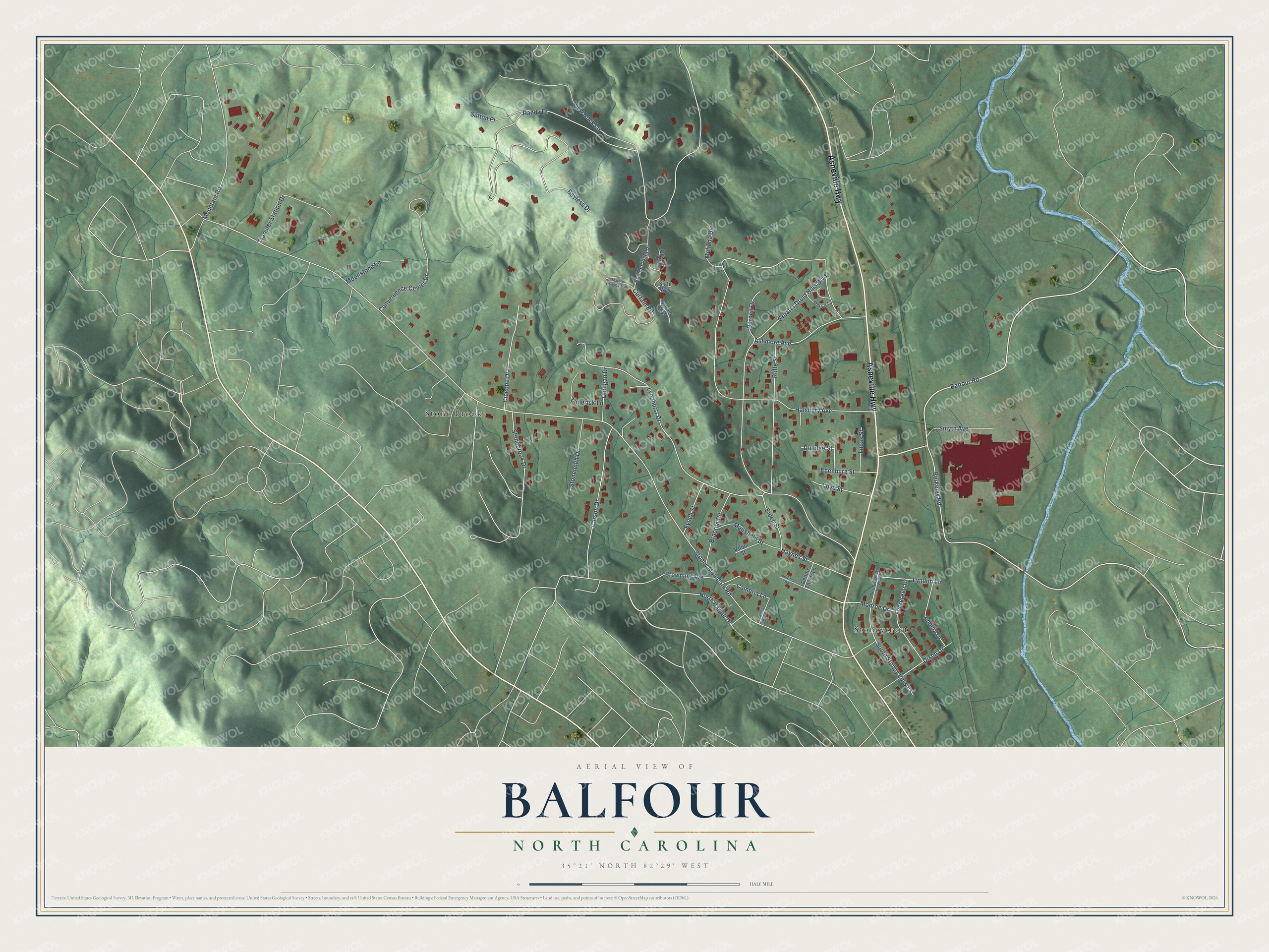 Full map of Balfour, North Carolina, with red buildings, printed street names and the land around them