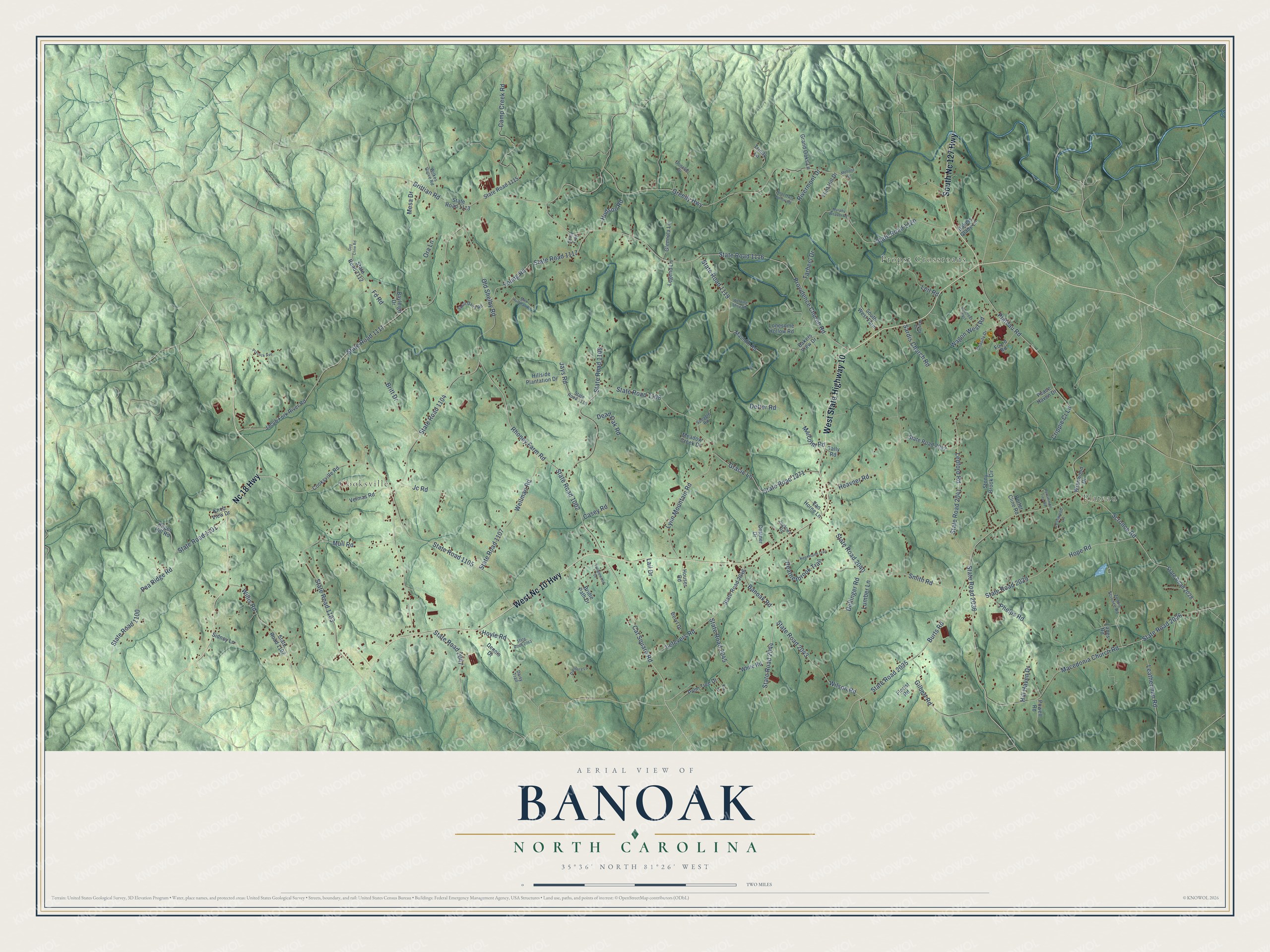 Full map of Banoak, North Carolina, with red buildings, printed street names and the land around them