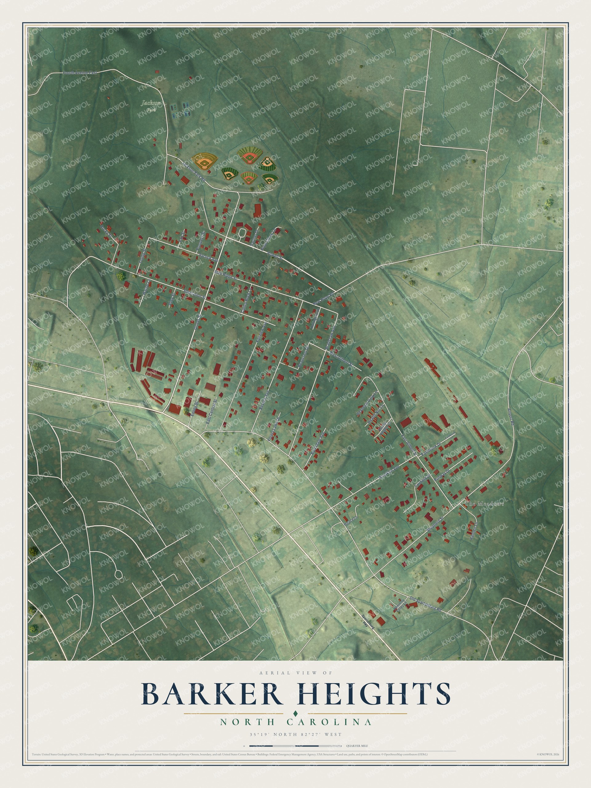 Full map of Barker Heights, North Carolina, with red buildings, printed street names and the land around them