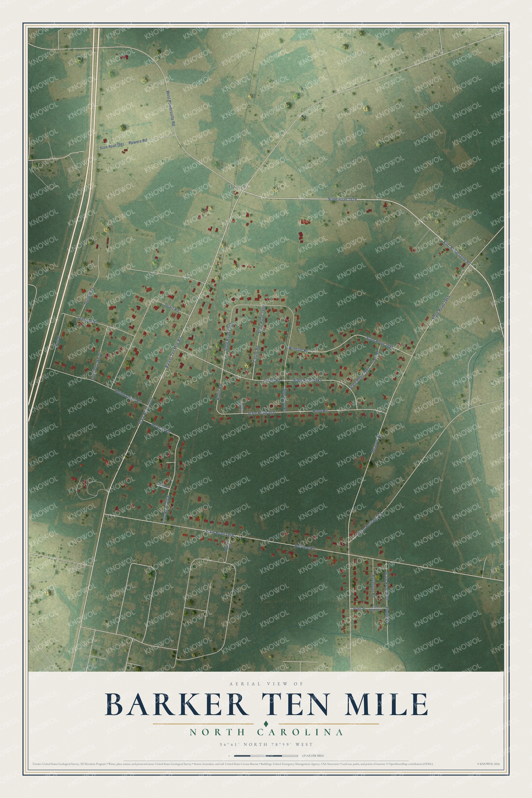 Full map of Barker Ten Mile, North Carolina, with red buildings, printed street names and the land around them