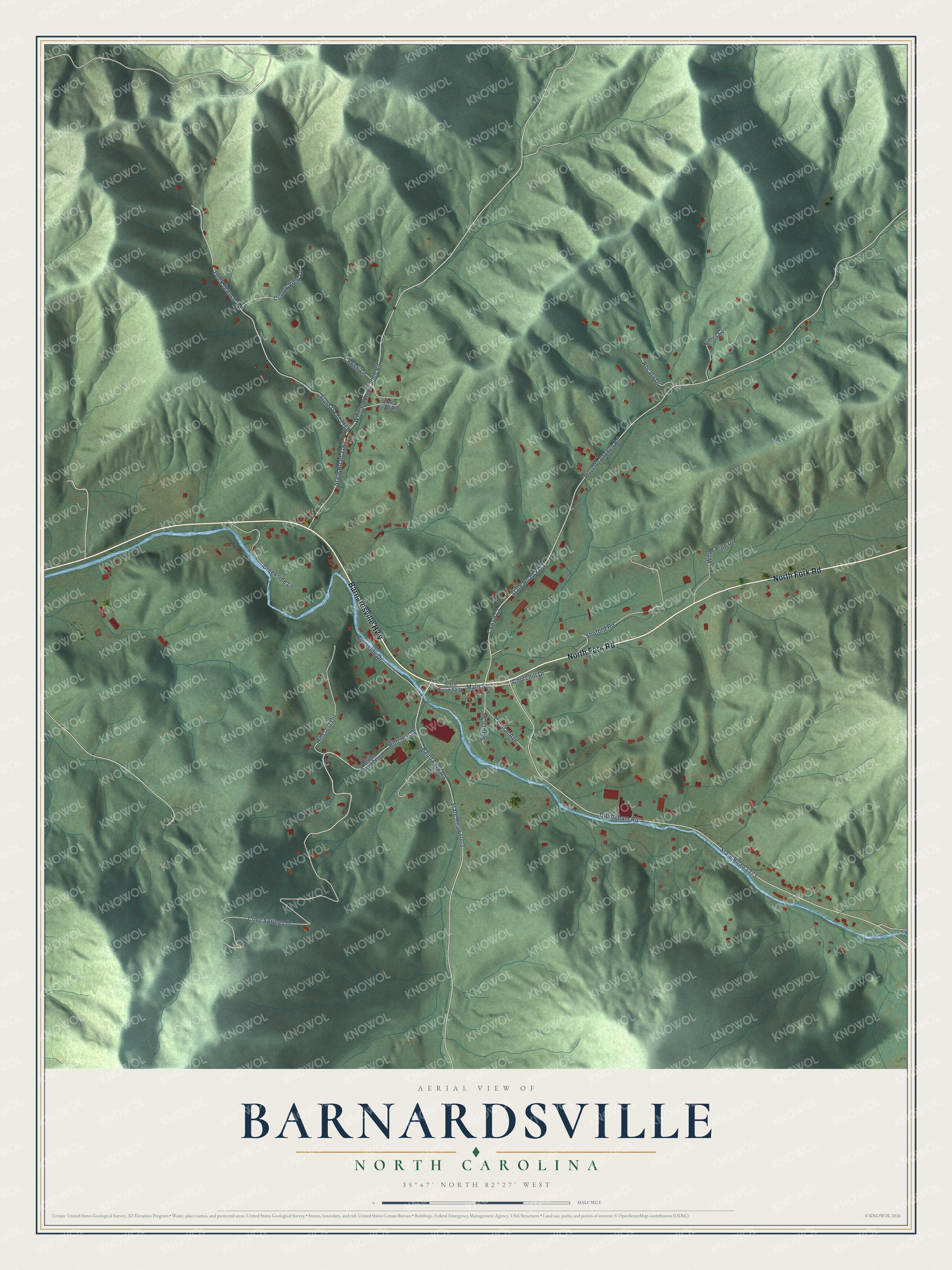 Full map of Barnardsville, North Carolina, with red buildings, printed street names and the land around them