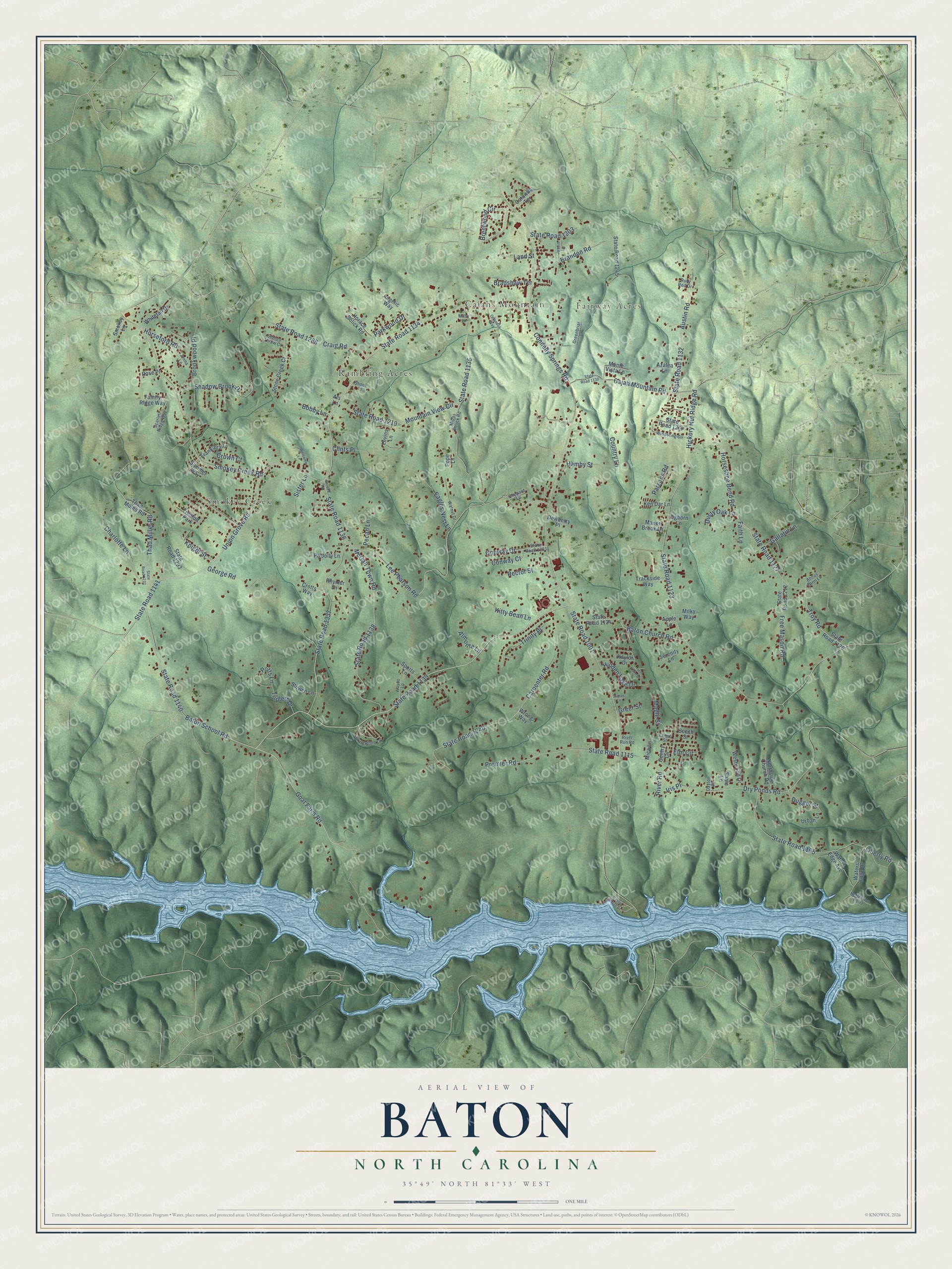 Full map of Baton, North Carolina, with red buildings, printed street names and the land around them