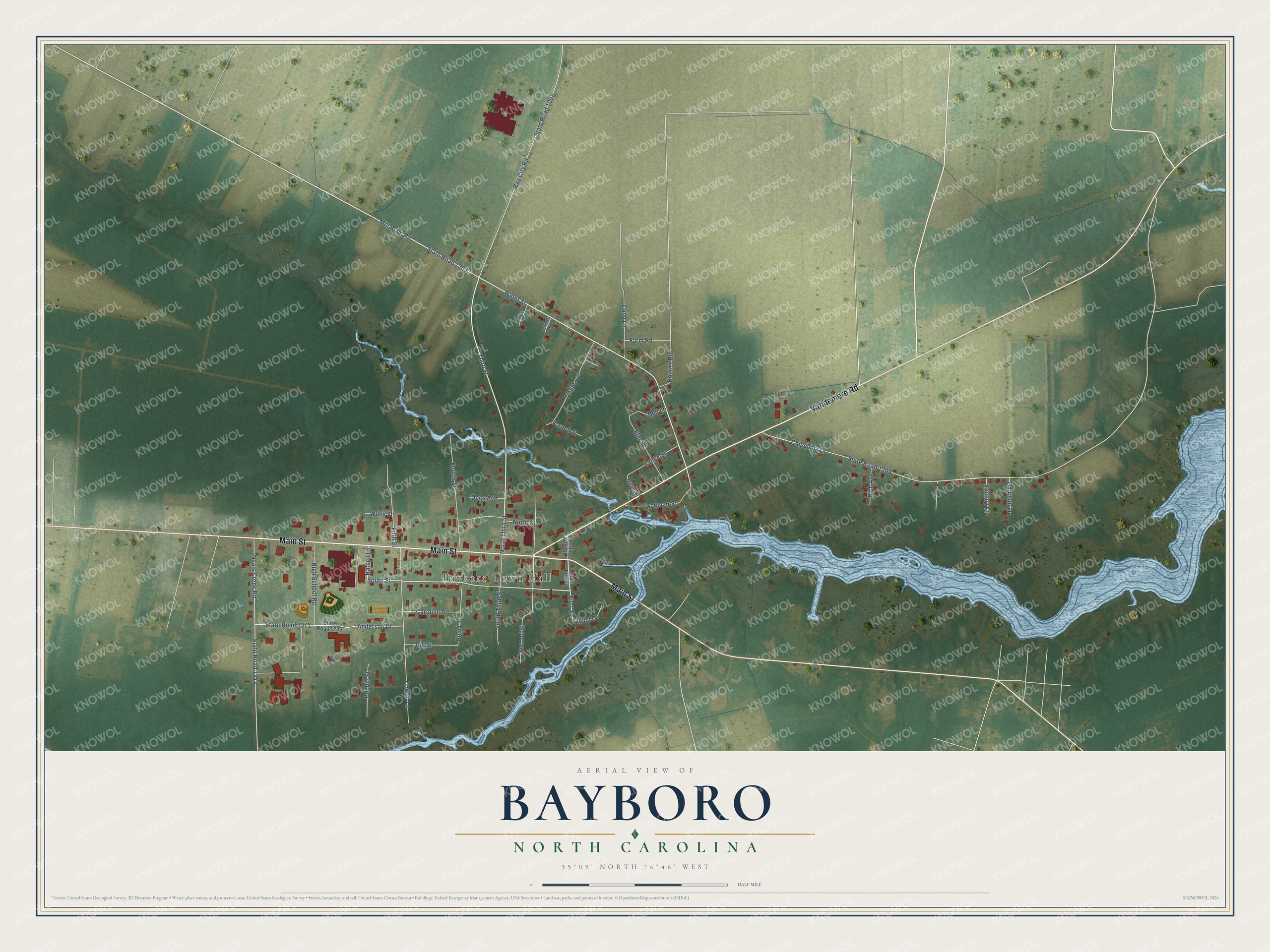 Full map of Bayboro, North Carolina, with red buildings, printed street names and the land around them