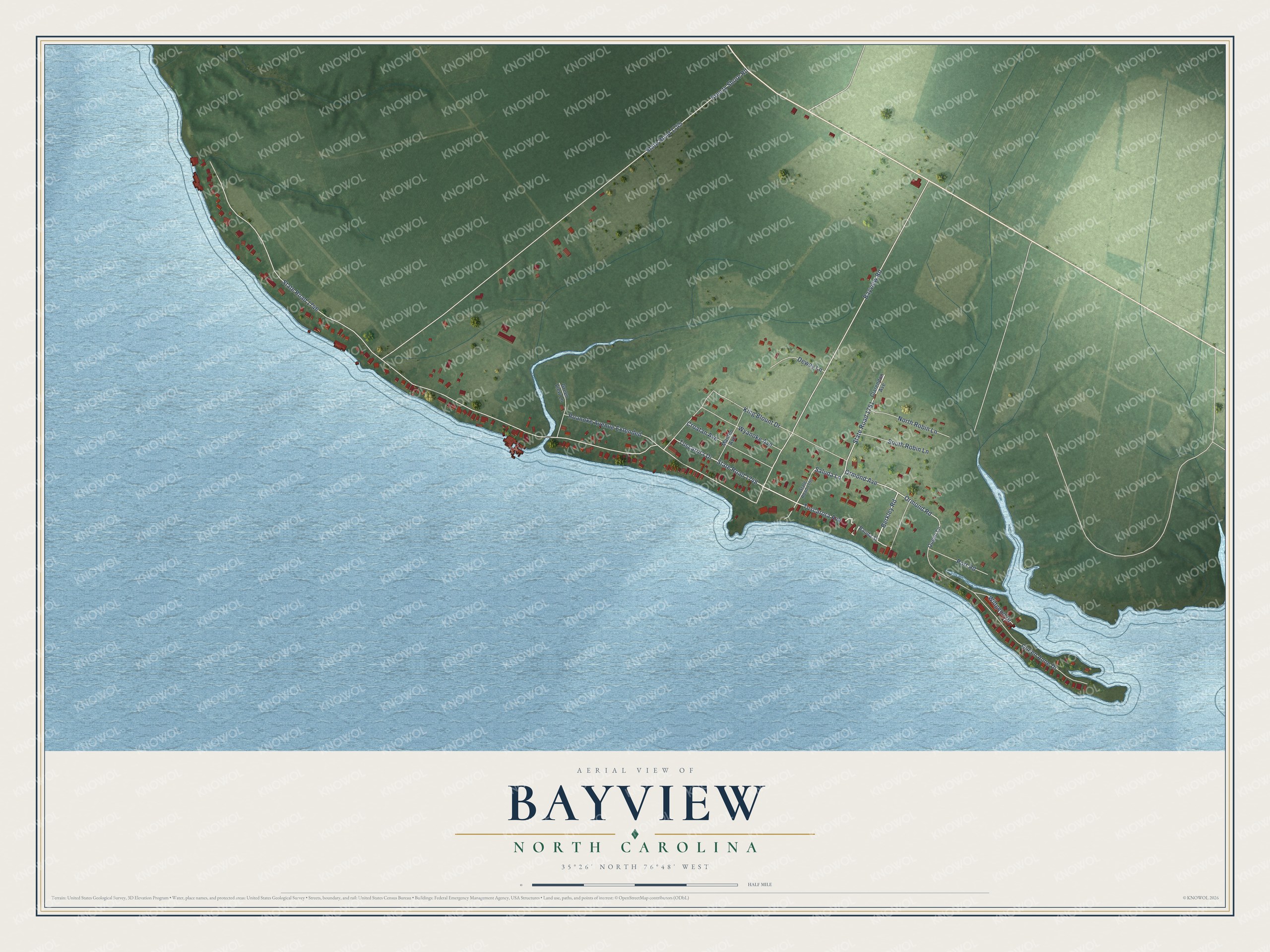 Full map of Bayview, North Carolina, with red buildings, printed street names and the land around them