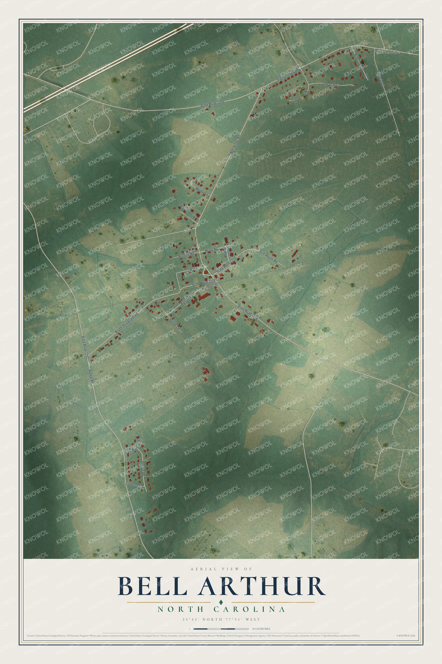 Full map of Bell Arthur, North Carolina, with red buildings, printed street names and the land around them