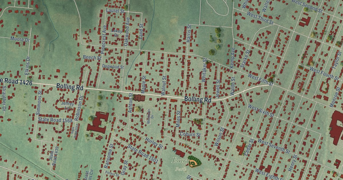 Close-up of streets and buildings in Belmont, Halifax County, North Carolina