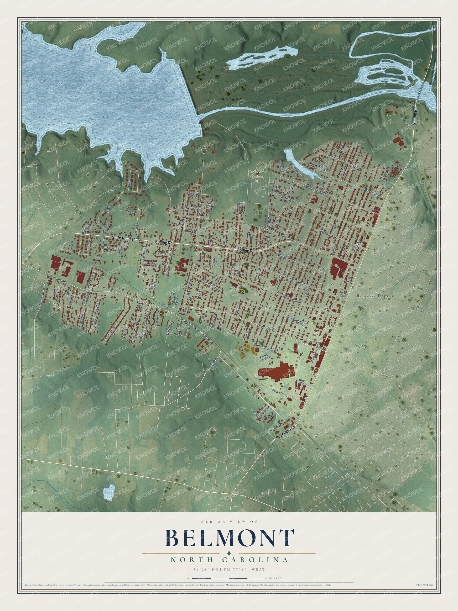 Full map of Belmont, North Carolina, with red buildings, printed street names and the land around them