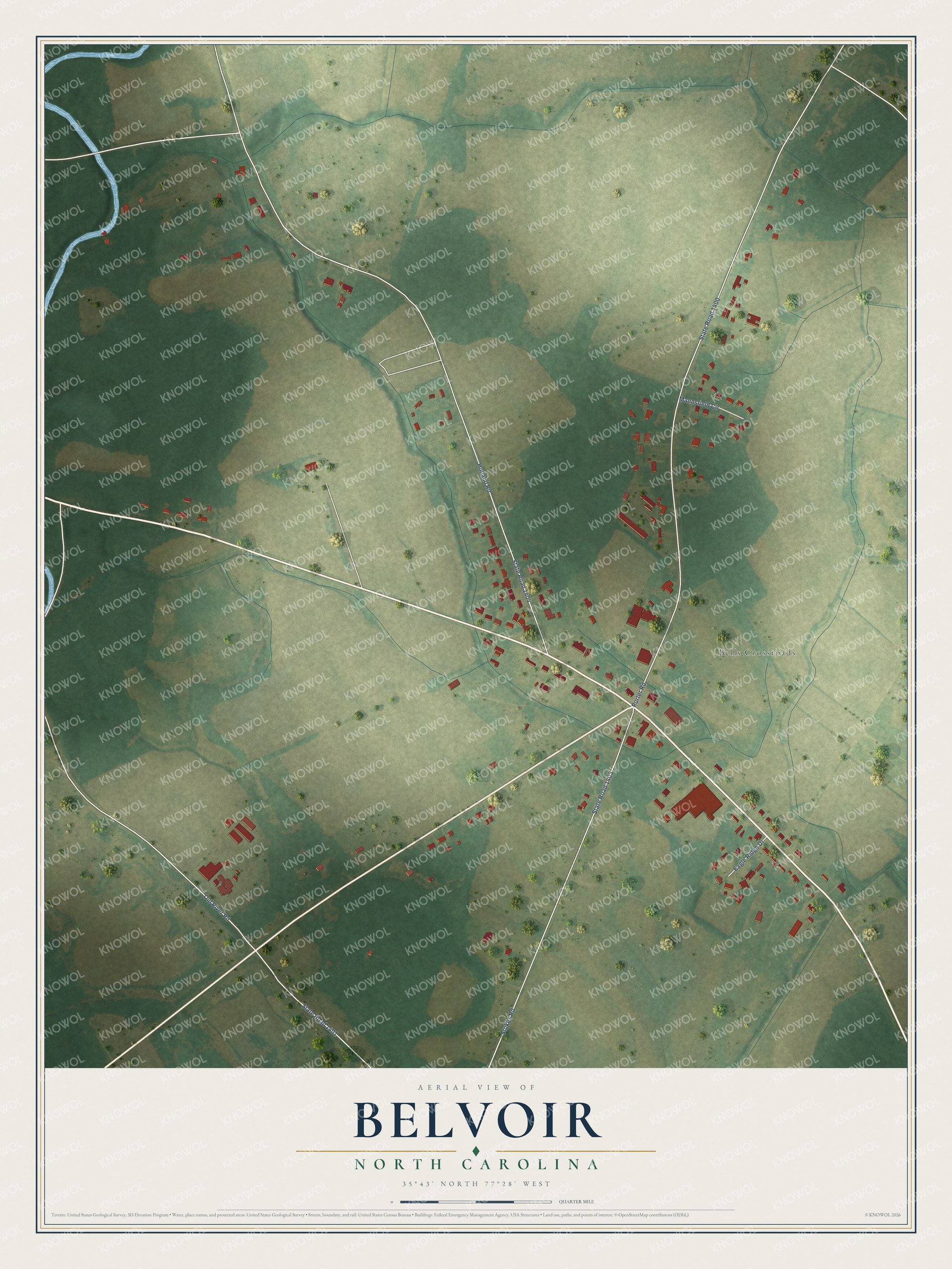 Full map of Belvoir, North Carolina, with red buildings, printed street names and the land around them