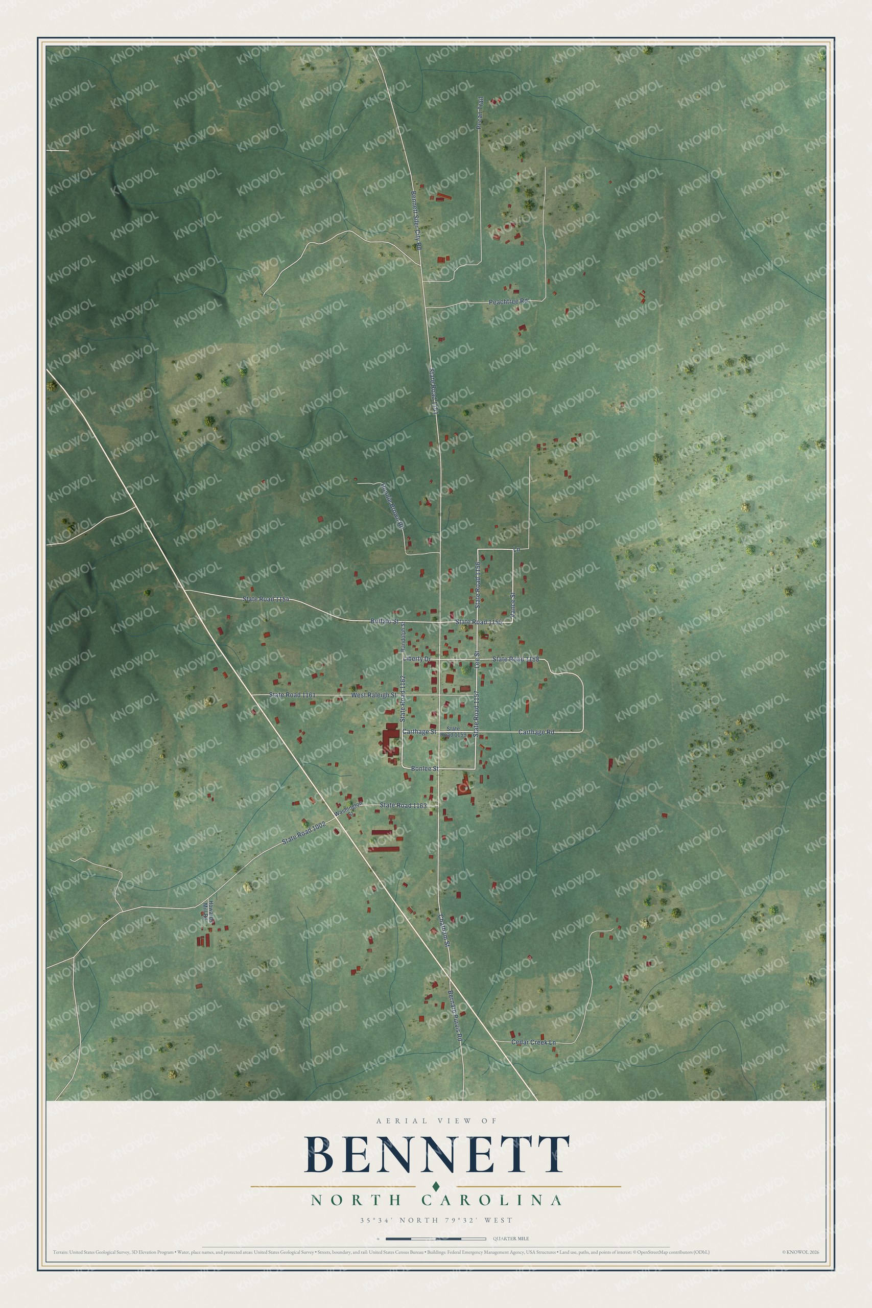 Full map of Bennett, North Carolina, with red buildings, printed street names and the land around them