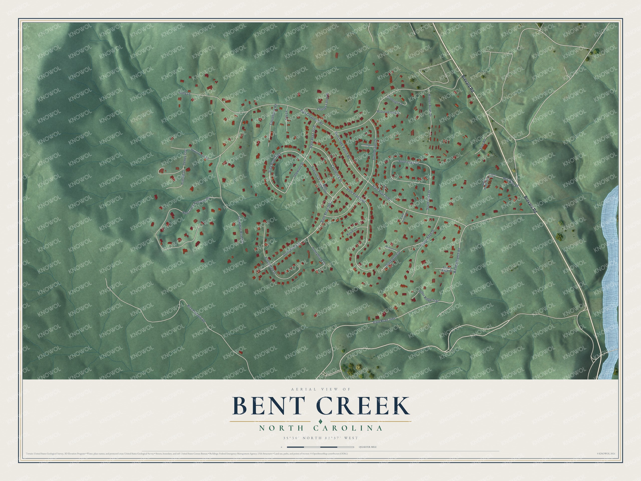 Full map of Bent Creek, North Carolina, with red buildings, printed street names and the land around them