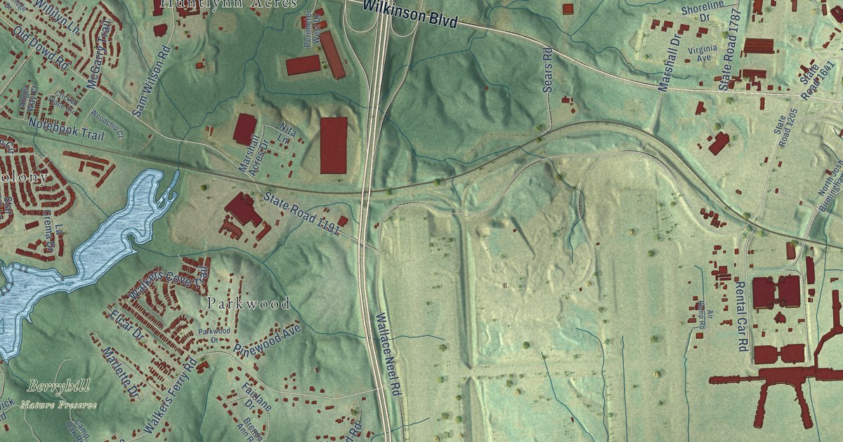 Close-up of streets and buildings in Berryhill, North Carolina