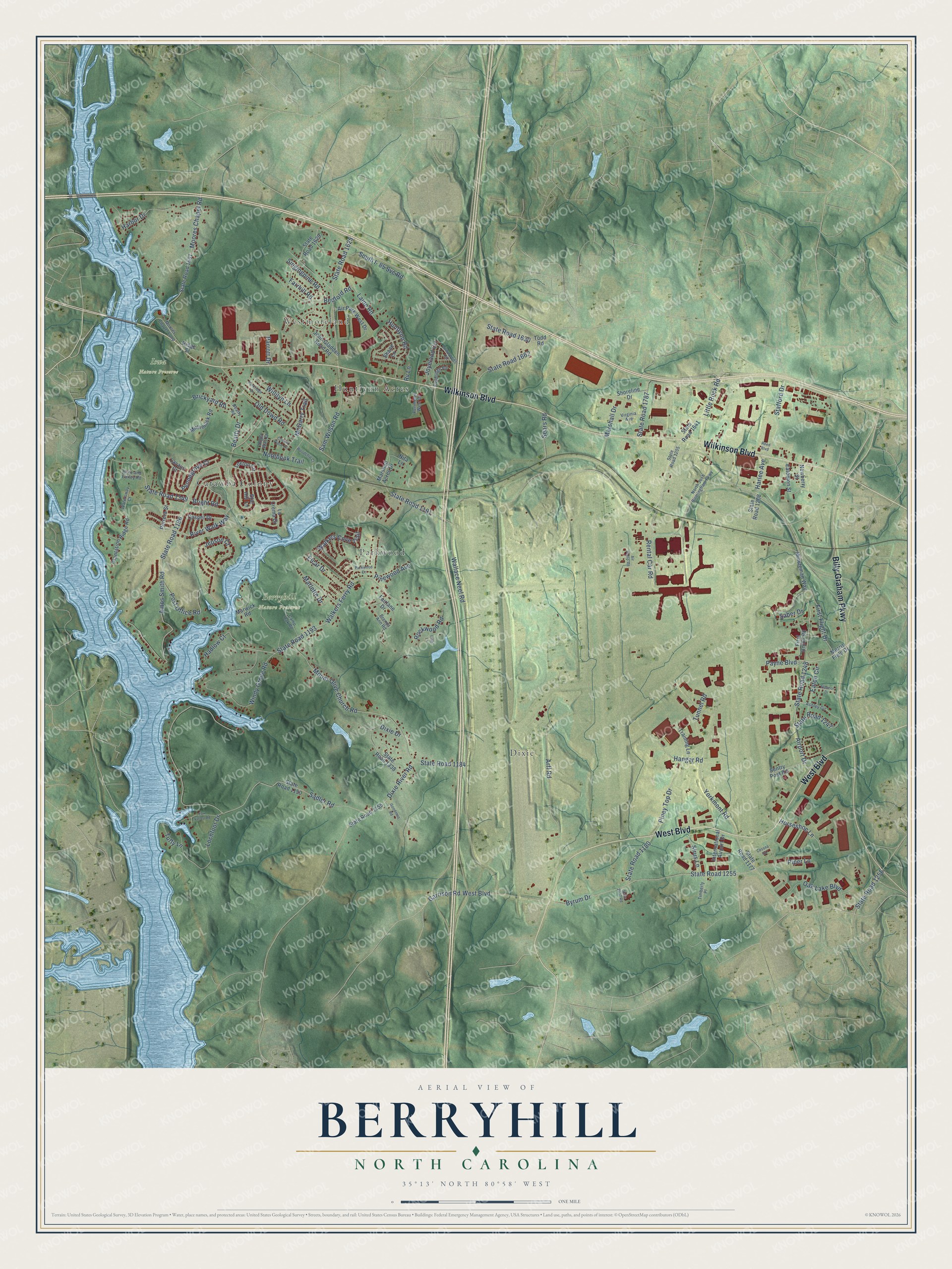 Full map of Berryhill, North Carolina, with red buildings, printed street names and the land around them