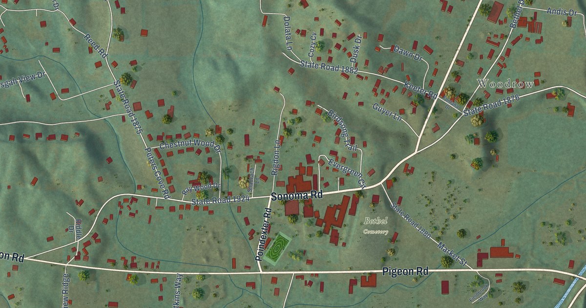 Close-up of streets and buildings in Bethel, Haywood County, North Carolina