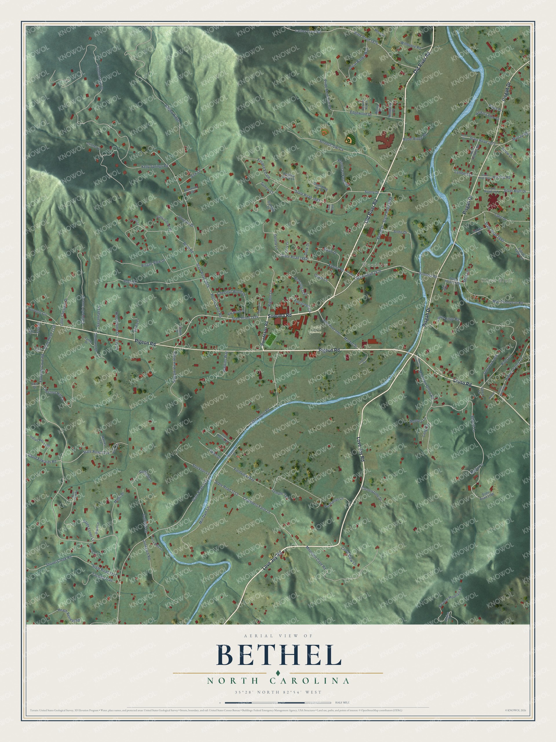 Full map of Bethel, North Carolina, with red buildings, printed street names and the land around them