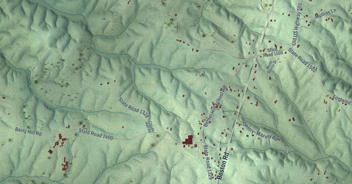 Close-up of streets and buildings in Bethel Hill, North Carolina