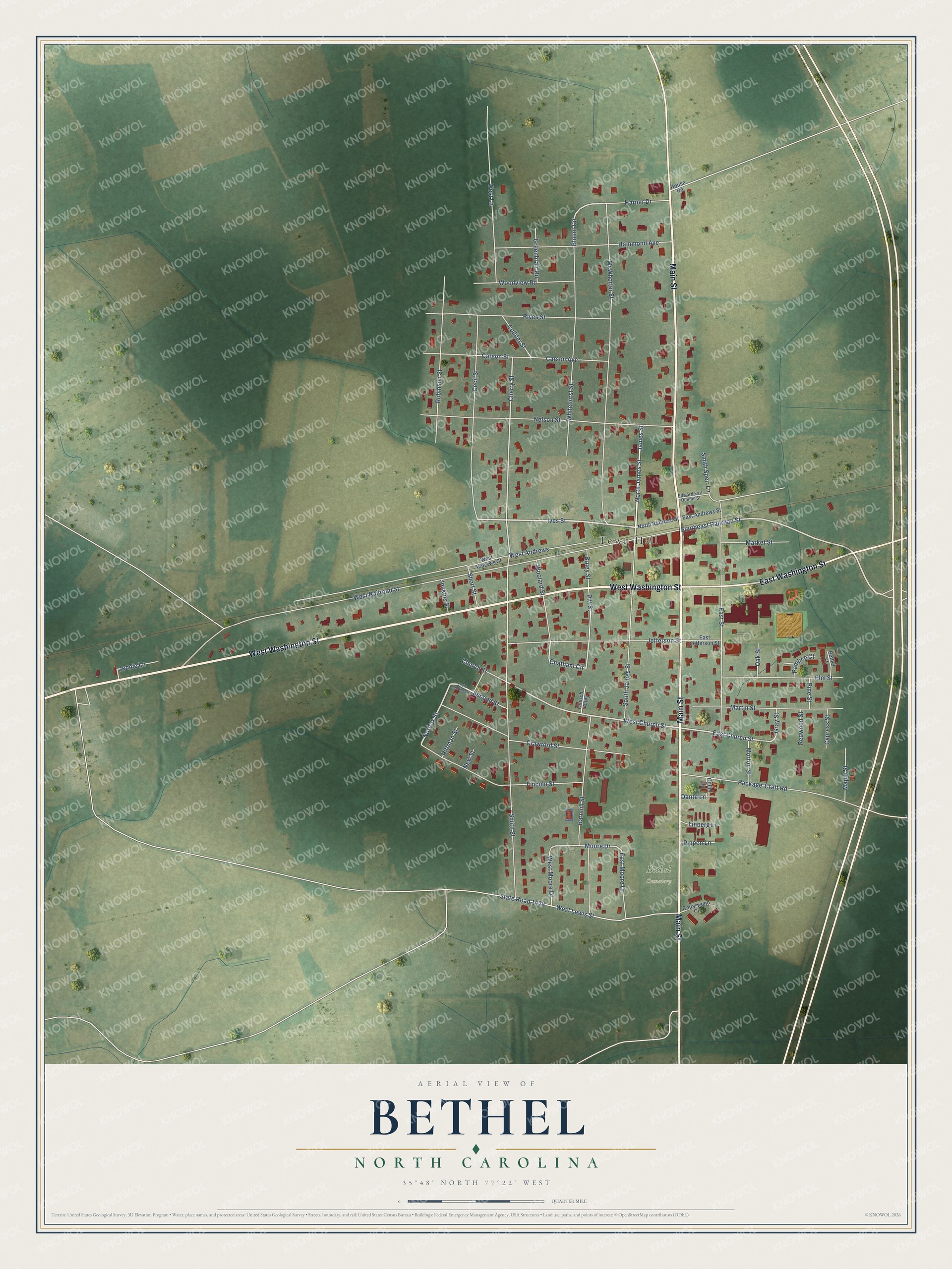 Full map of Bethel, North Carolina, with red buildings, printed street names and the land around them