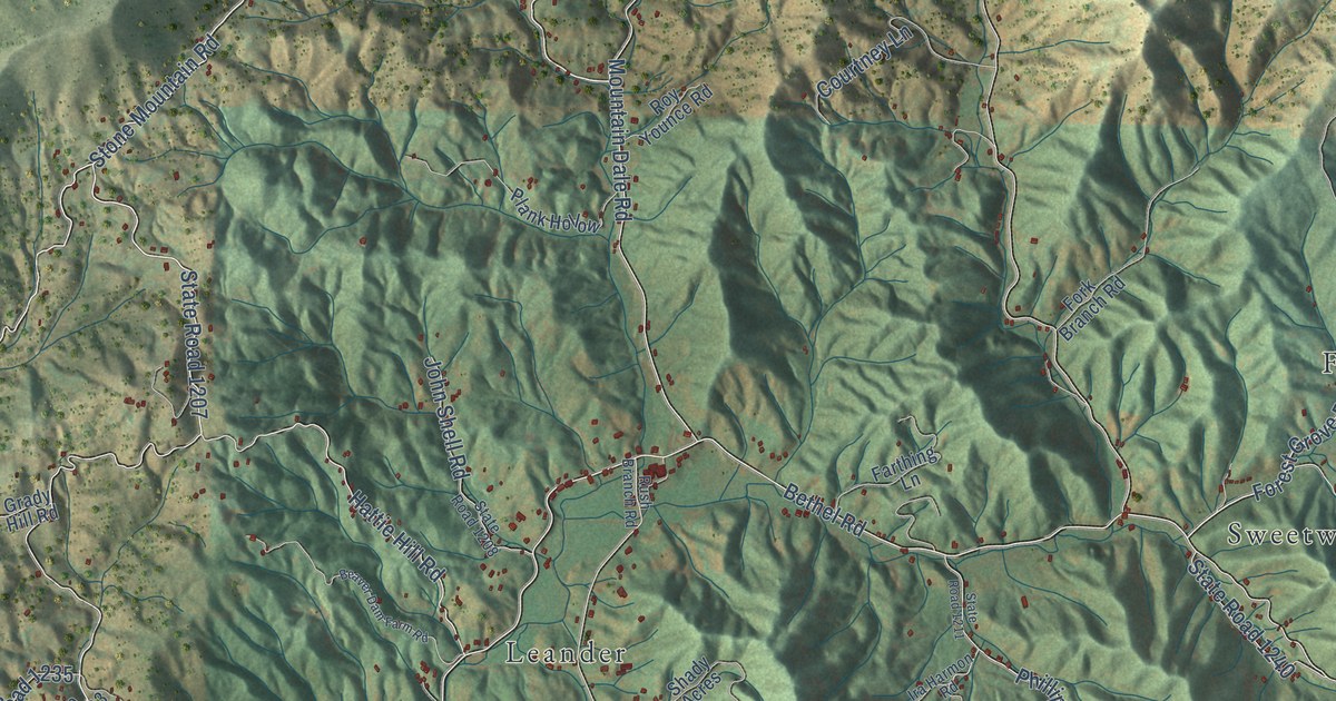Close-up of streets and buildings in Bethel, Watauga County, North Carolina