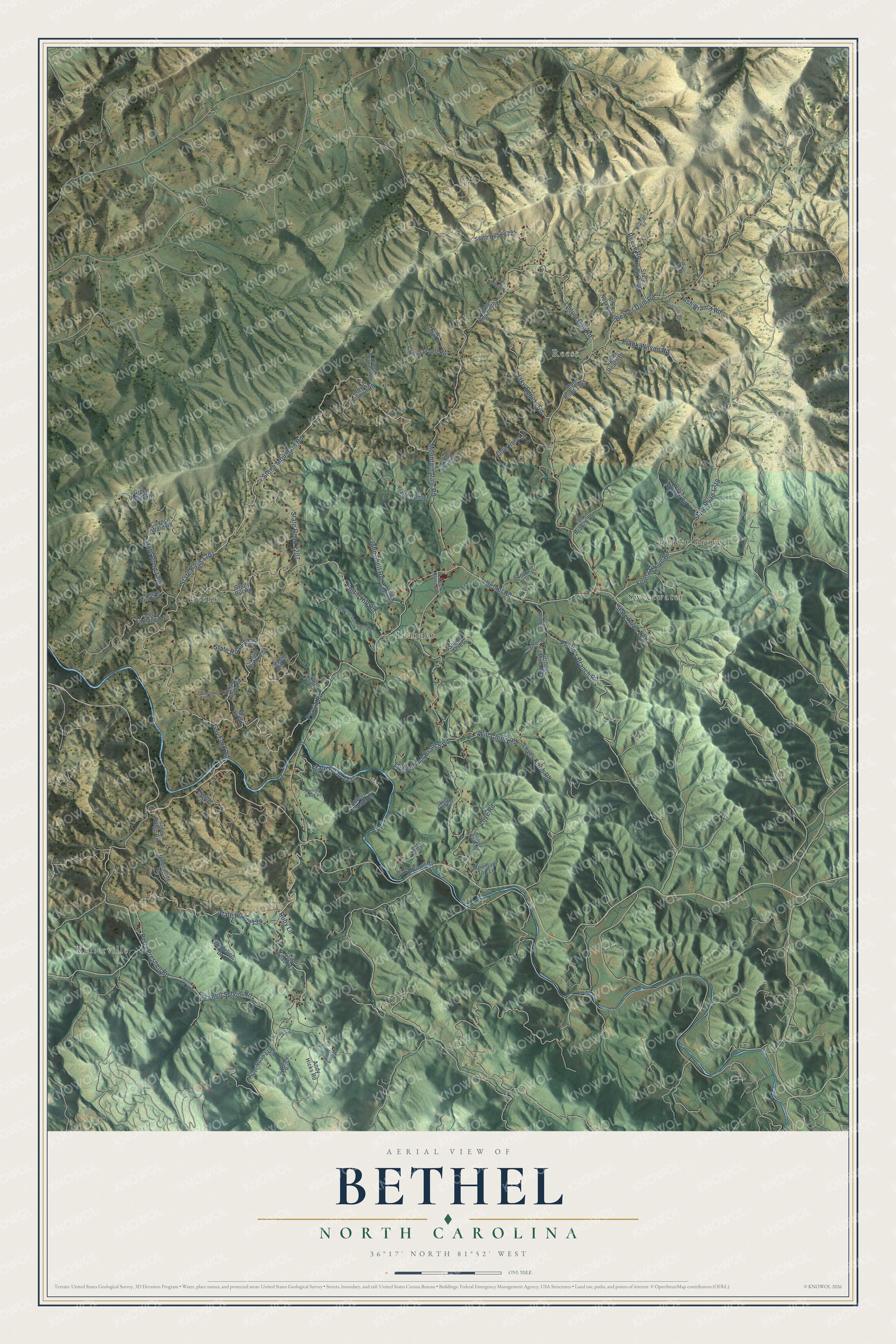Full map of Bethel, North Carolina, with red buildings, printed street names and the land around them