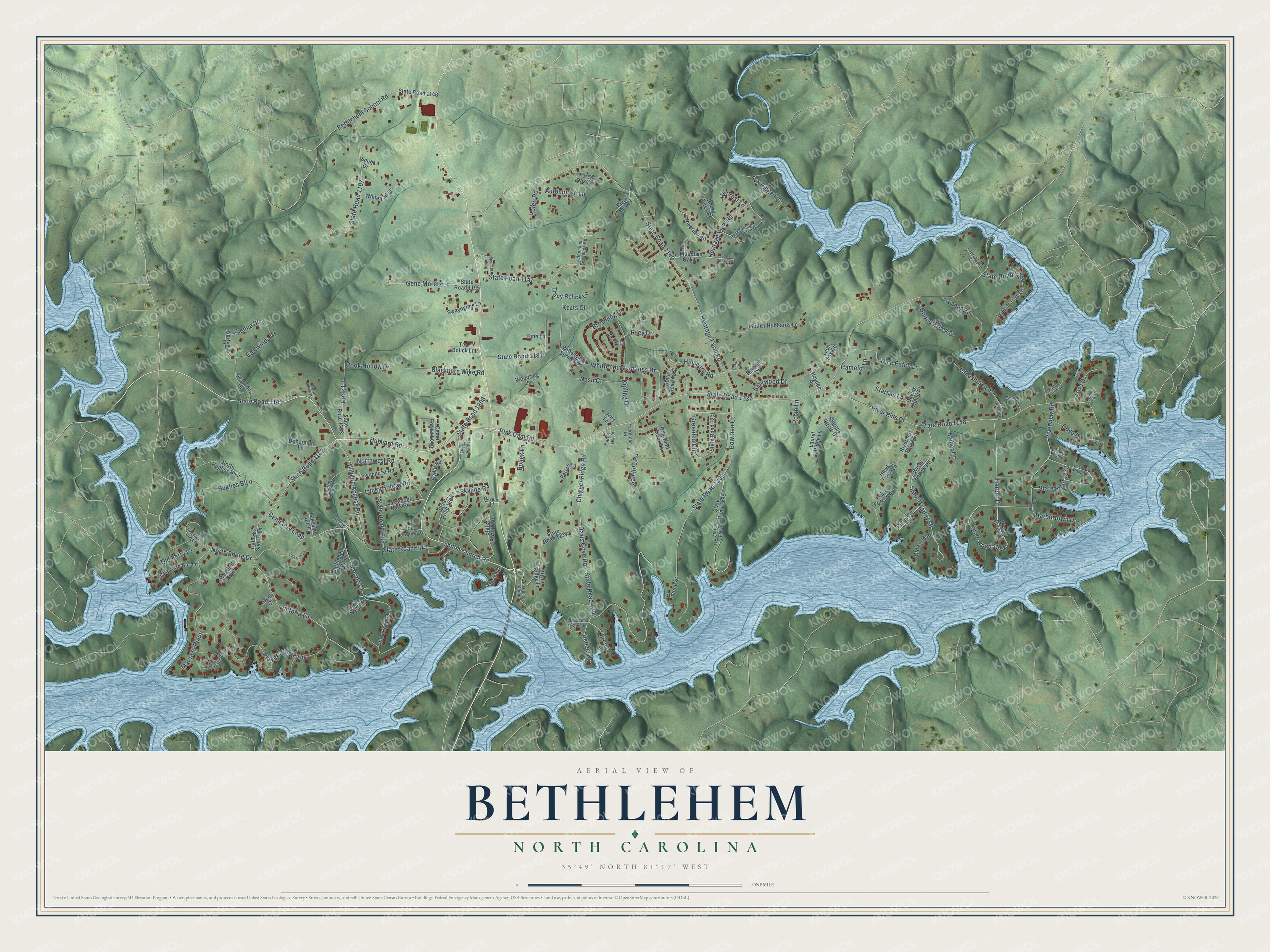 Full map of Bethlehem, North Carolina, with red buildings, printed street names and the land around them