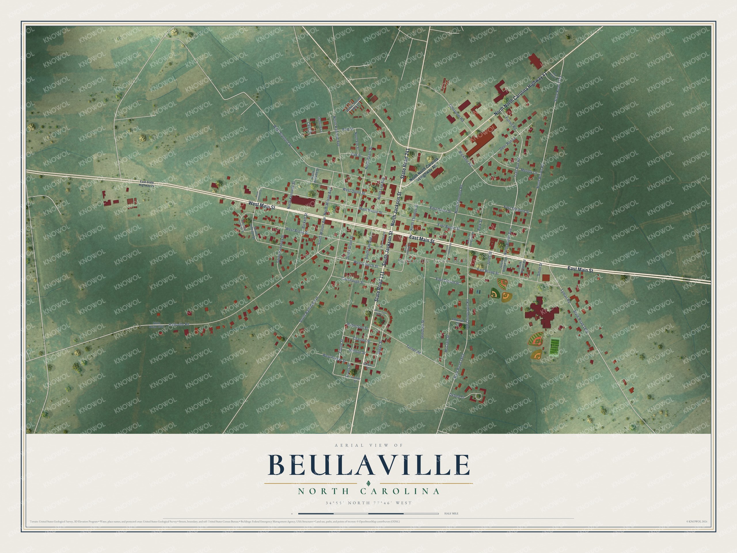 Full map of Beulaville, North Carolina, with red buildings, printed street names and the land around them