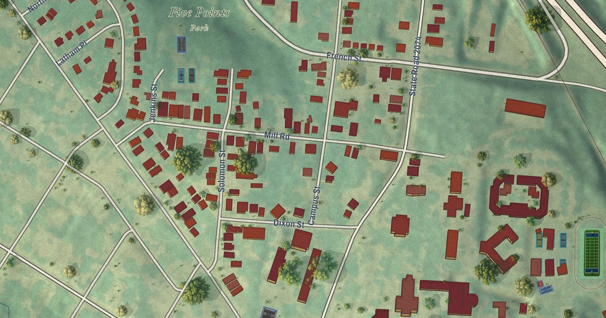 Close-up of streets and buildings in Biddleville, North Carolina