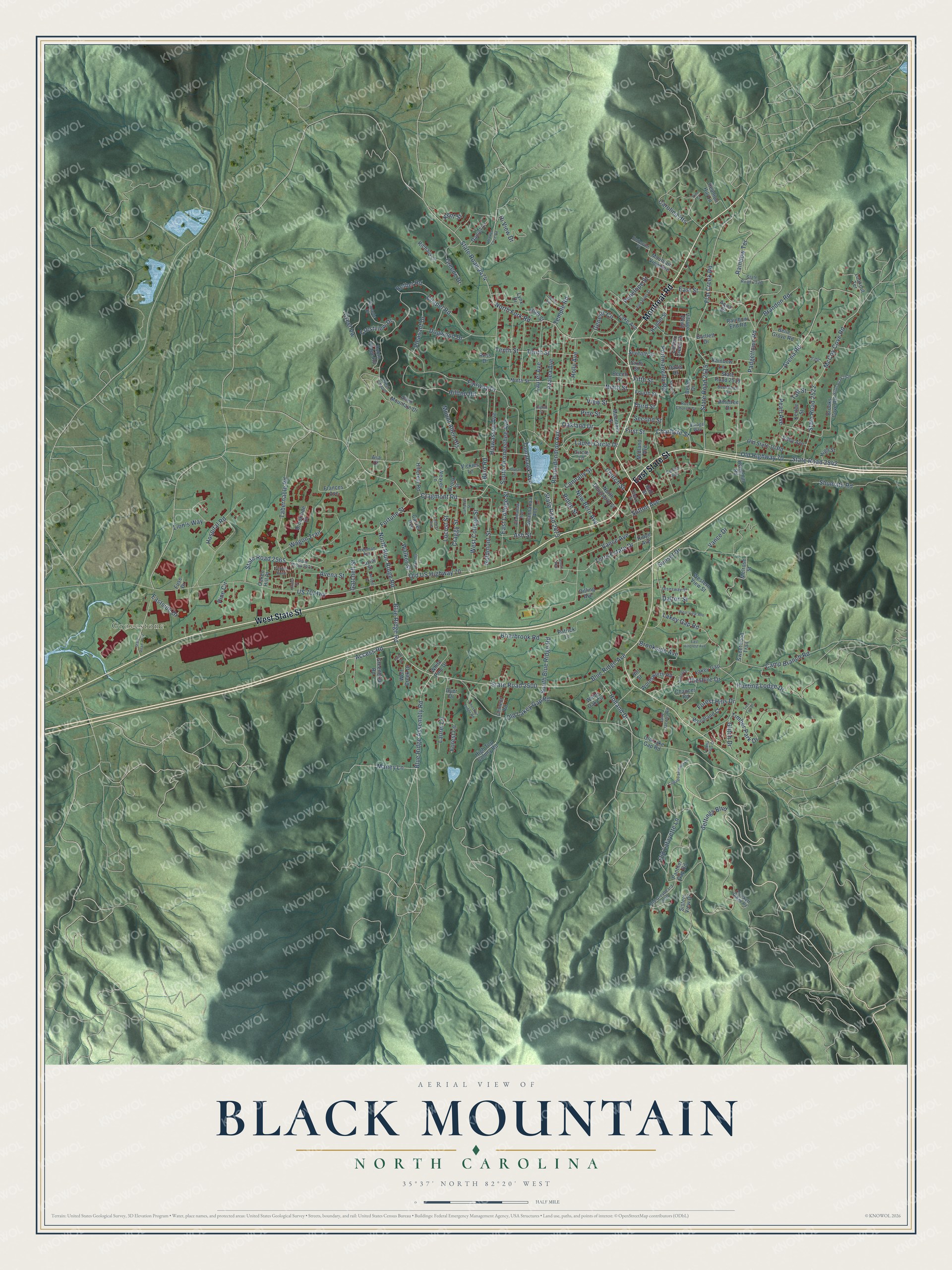 Full map of Black Mountain, North Carolina, with red buildings, printed street names and the land around them