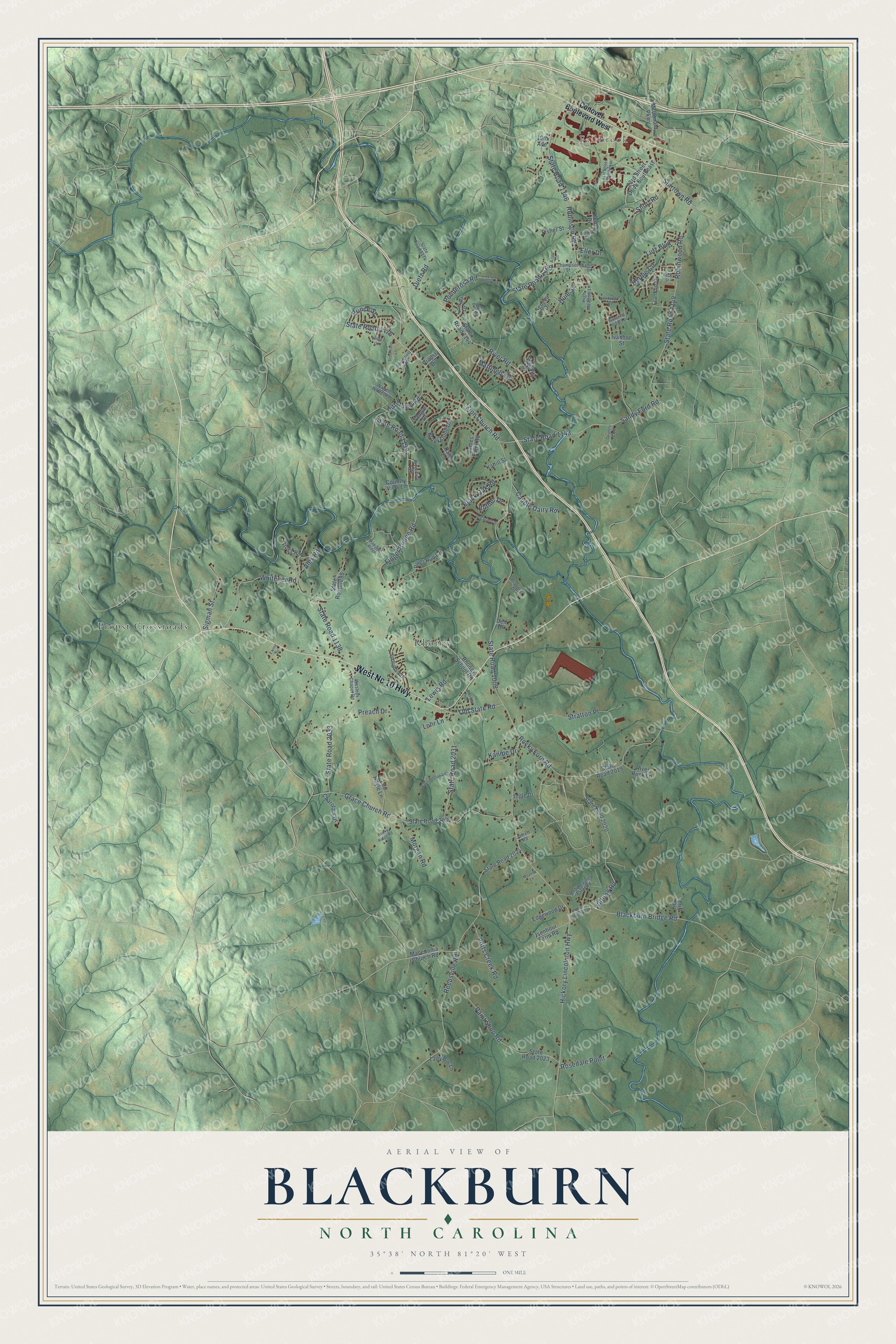Full map of Blackburn, North Carolina, with red buildings, printed street names and the land around them