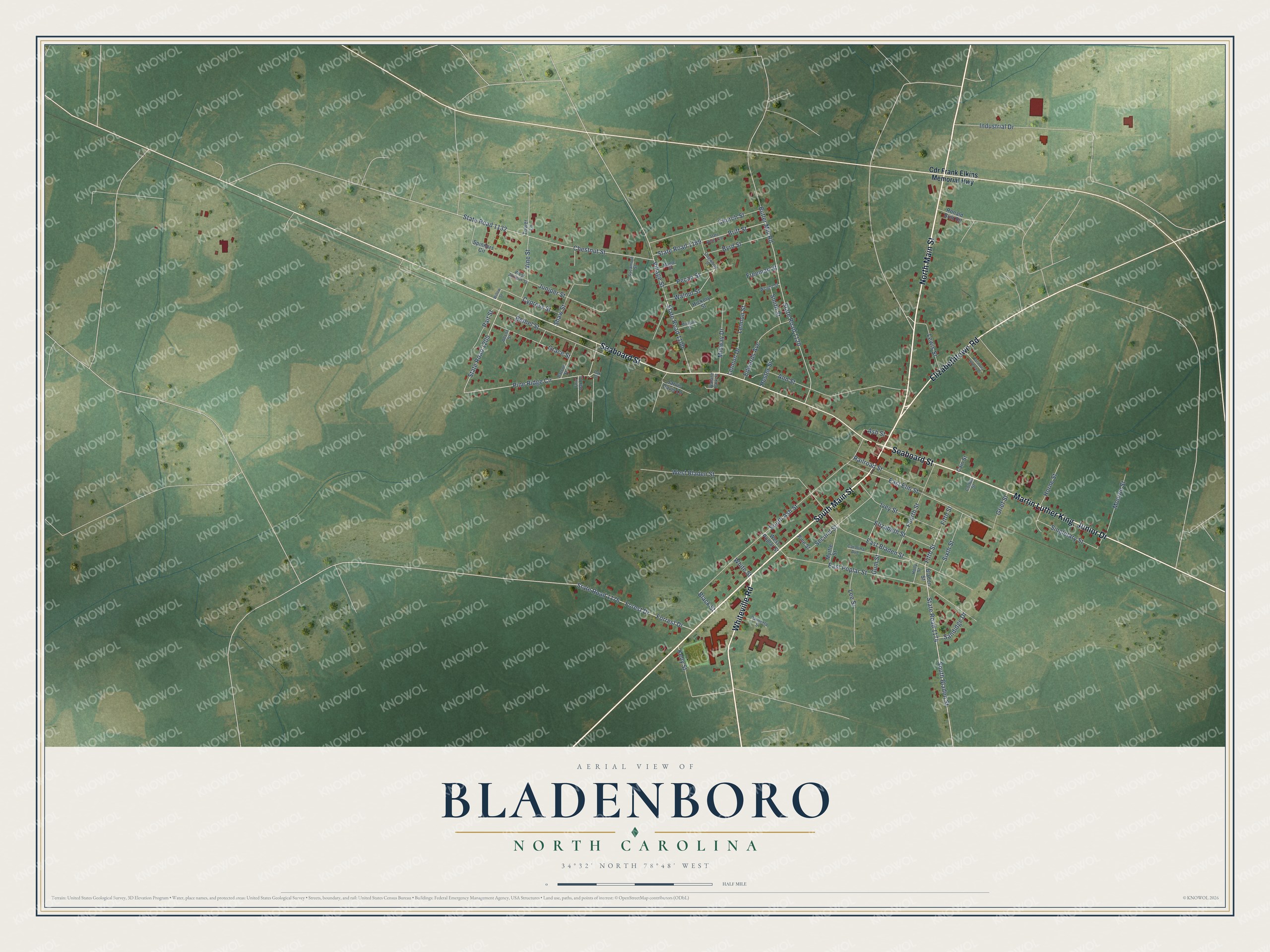 Full map of Bladenboro, North Carolina, with red buildings, printed street names and the land around them