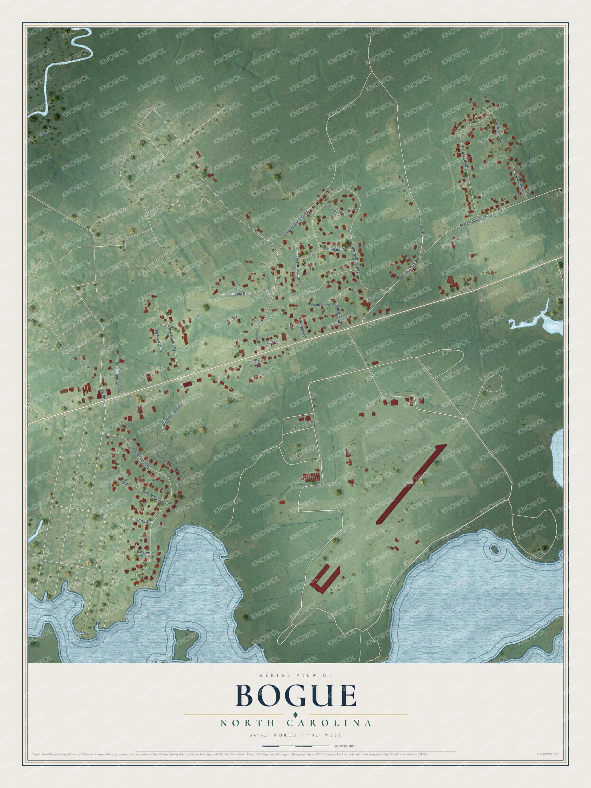 Full map of Bogue, North Carolina, with red buildings, printed street names and the land around them