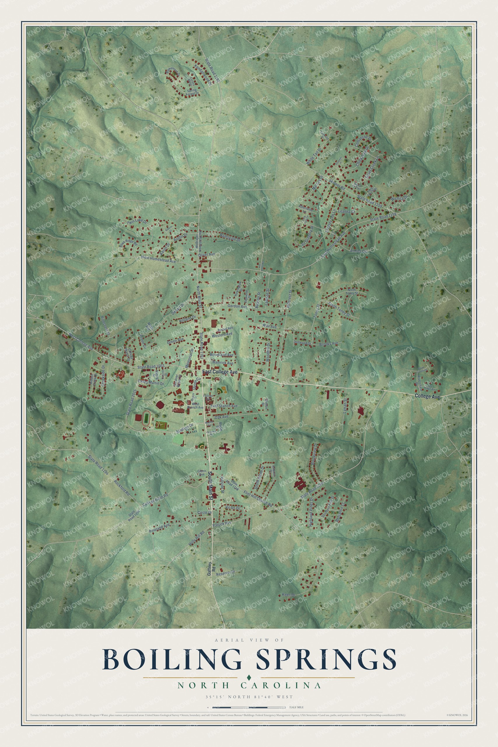 Full map of Boiling Springs, North Carolina, with red buildings, printed street names and the land around them